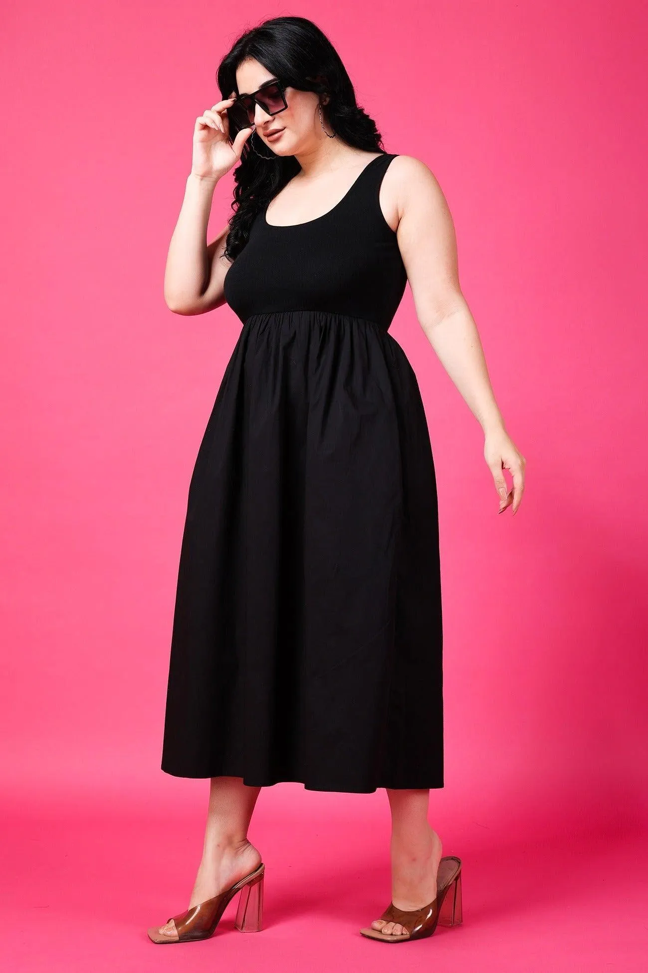 Black Solid Dress with Pockets