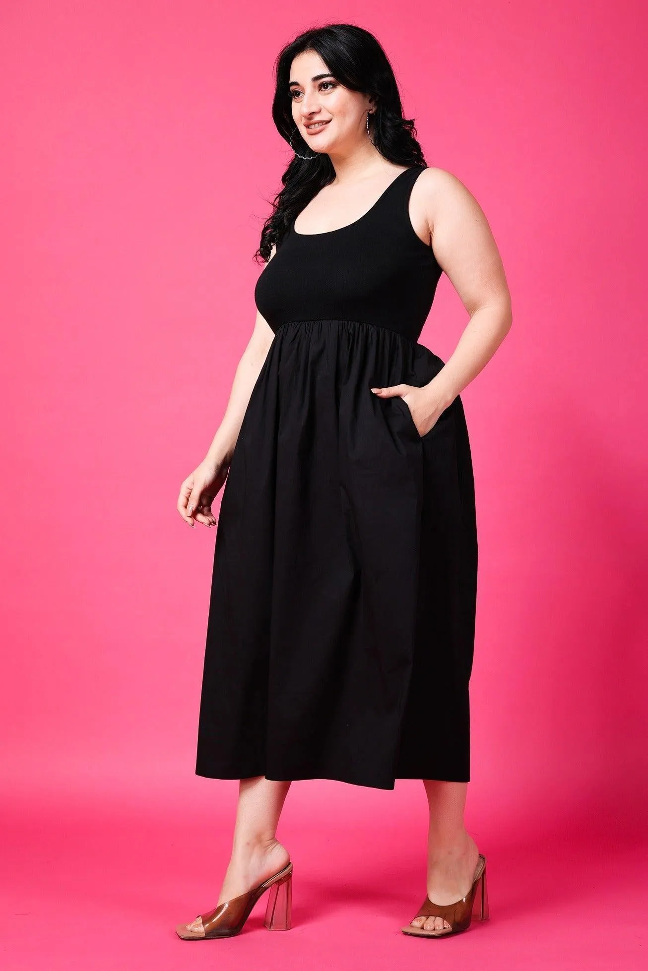 Black Solid Dress with Pockets