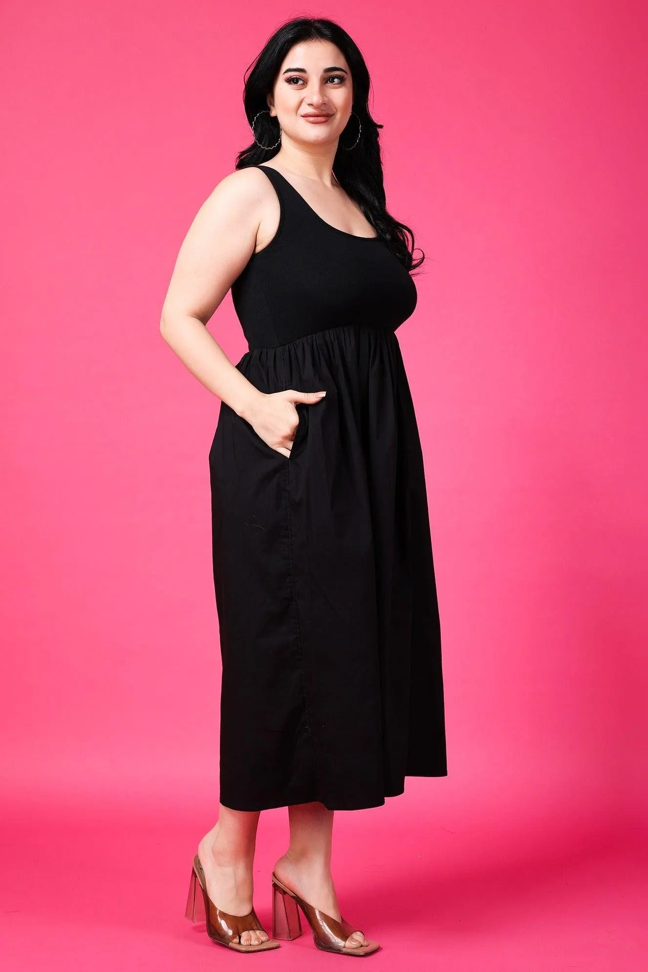 Black Solid Dress with Pockets