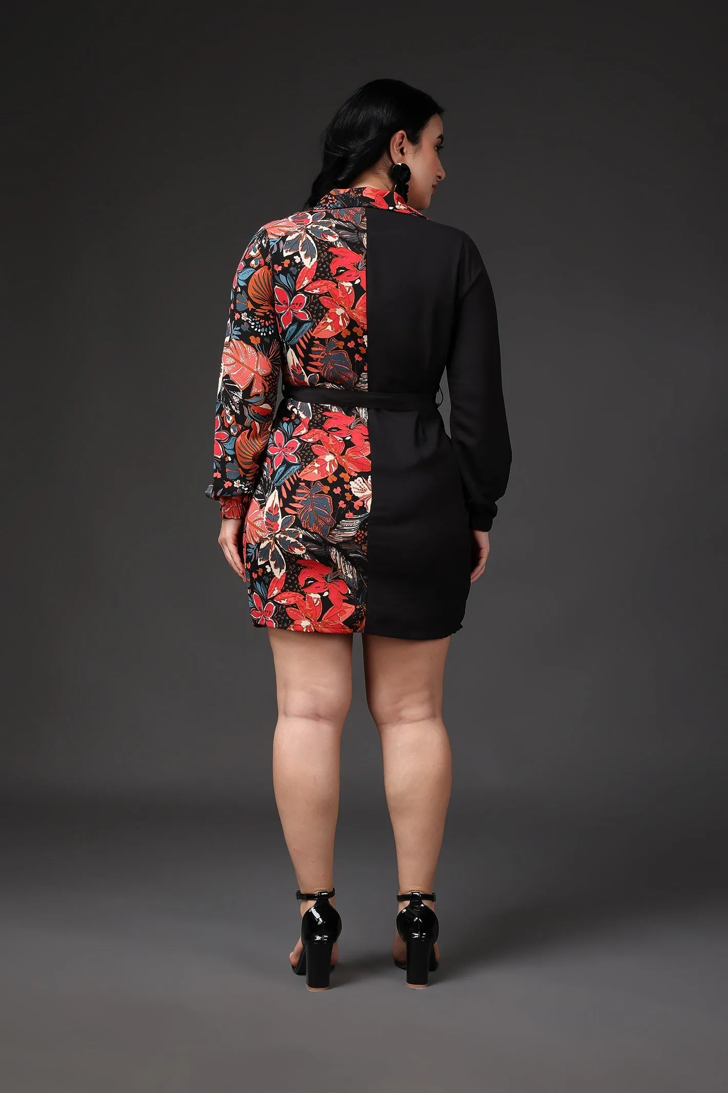 Black Solid Floral Printed Contrast Dress