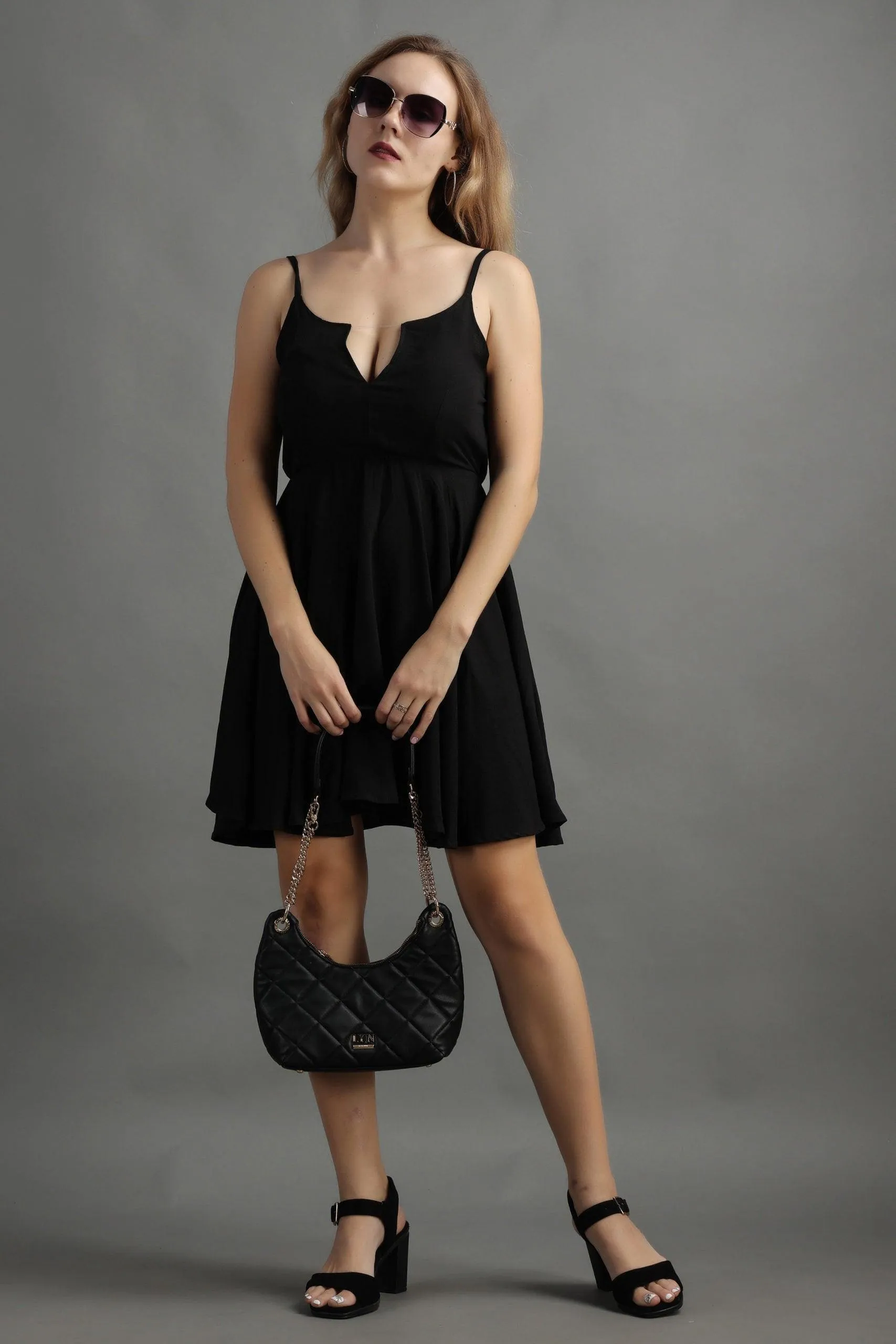 Black Solid Front Open Dress