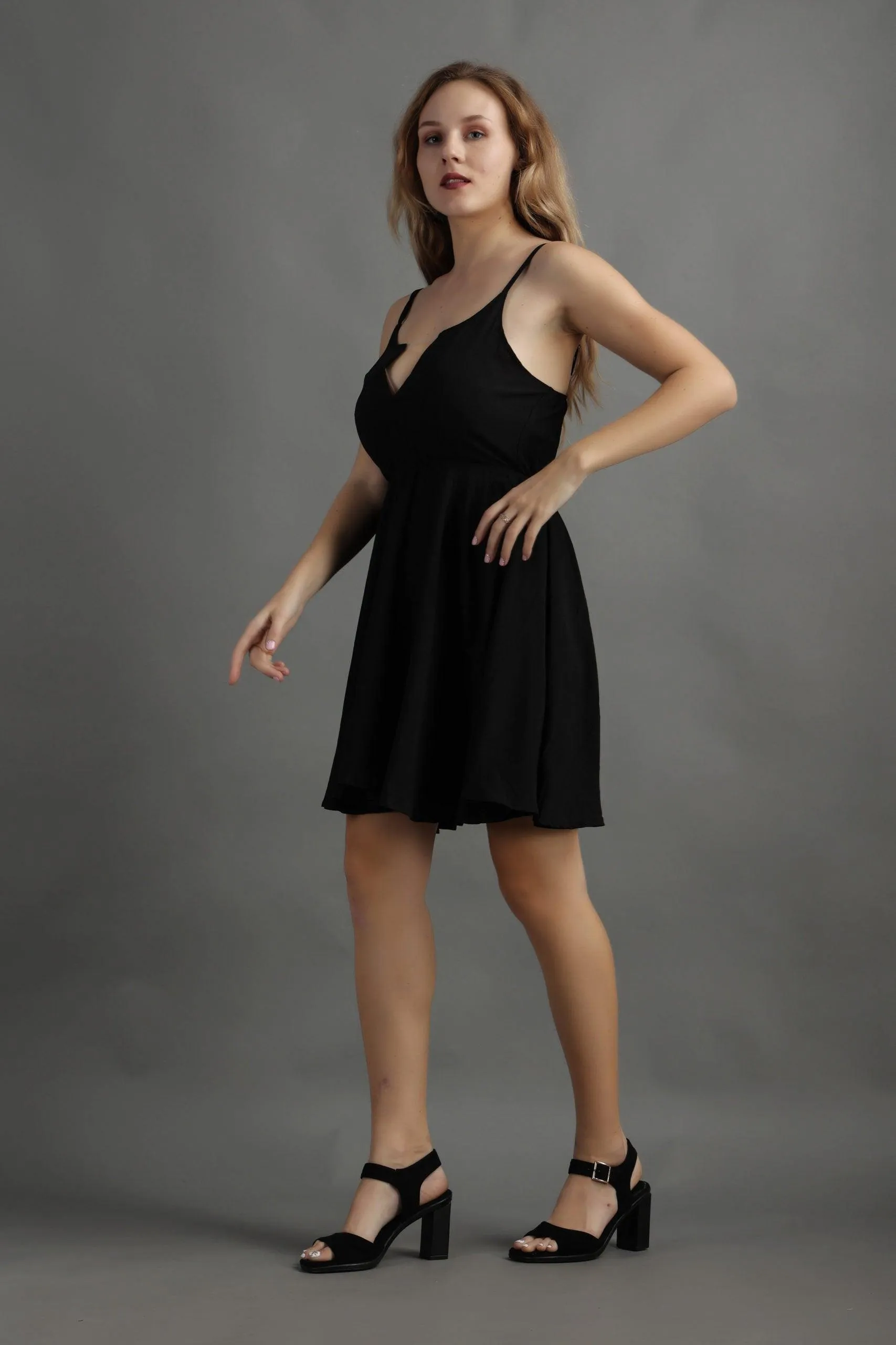 Black Solid Front Open Dress