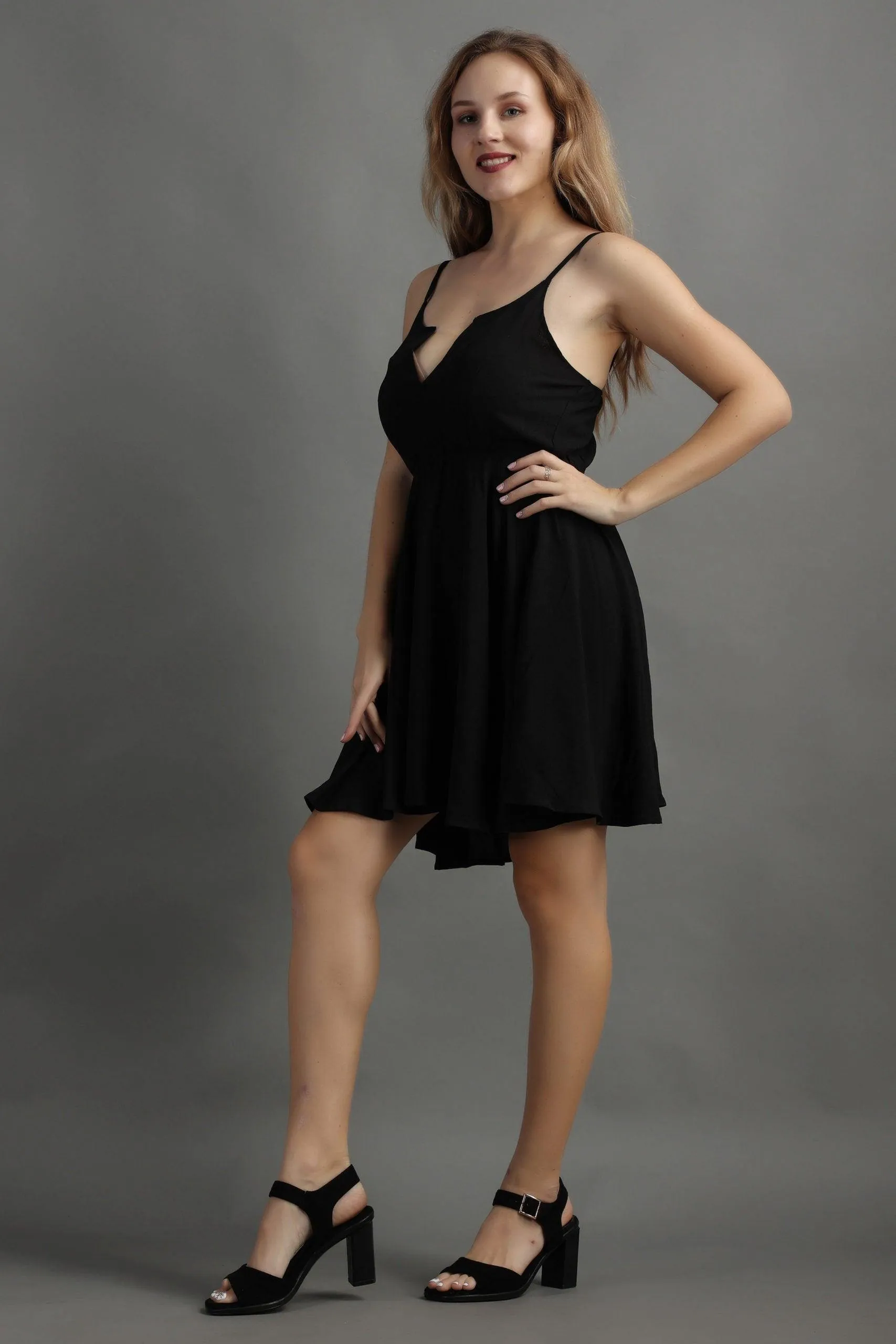 Black Solid Front Open Dress