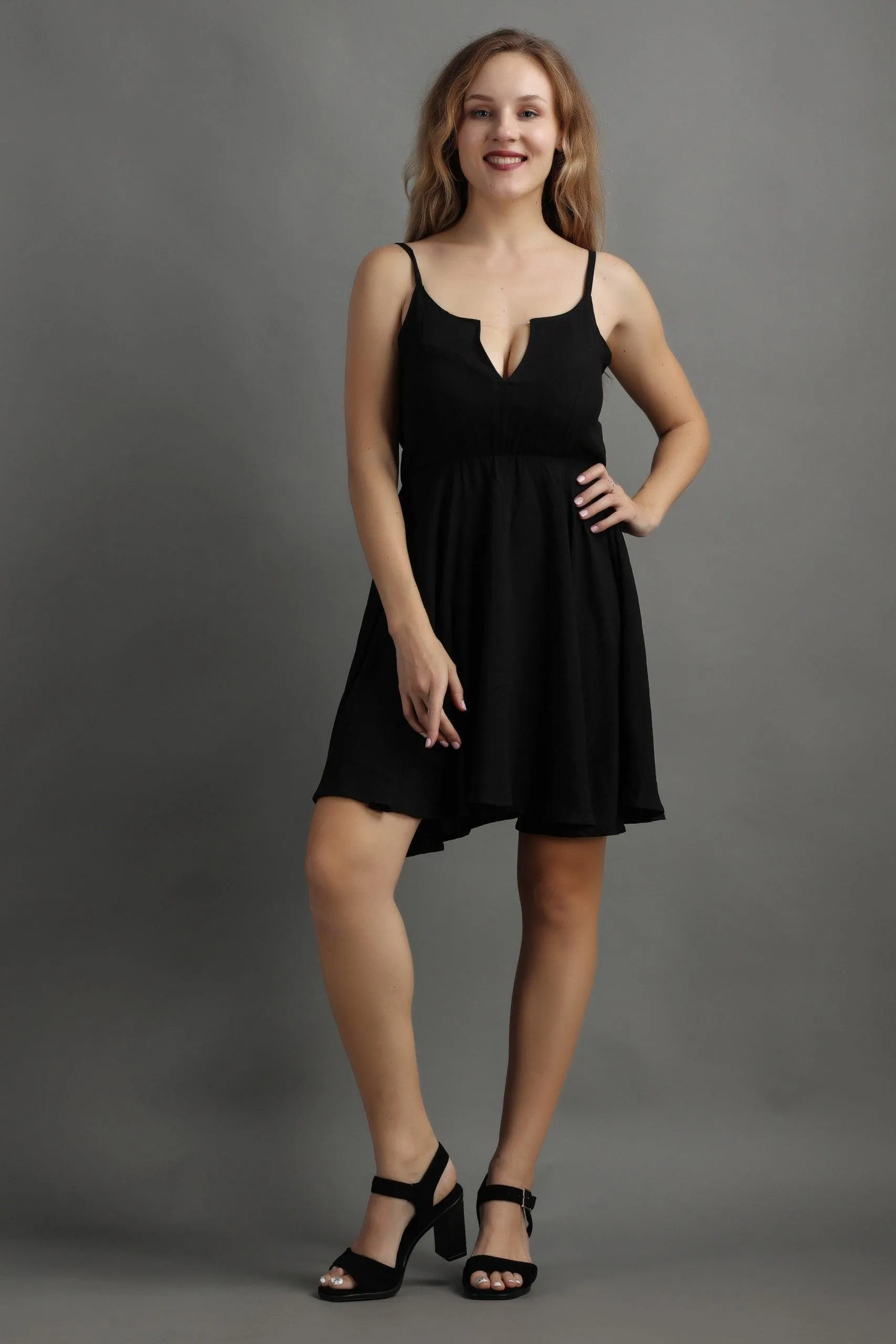 Black Solid Front Open Dress