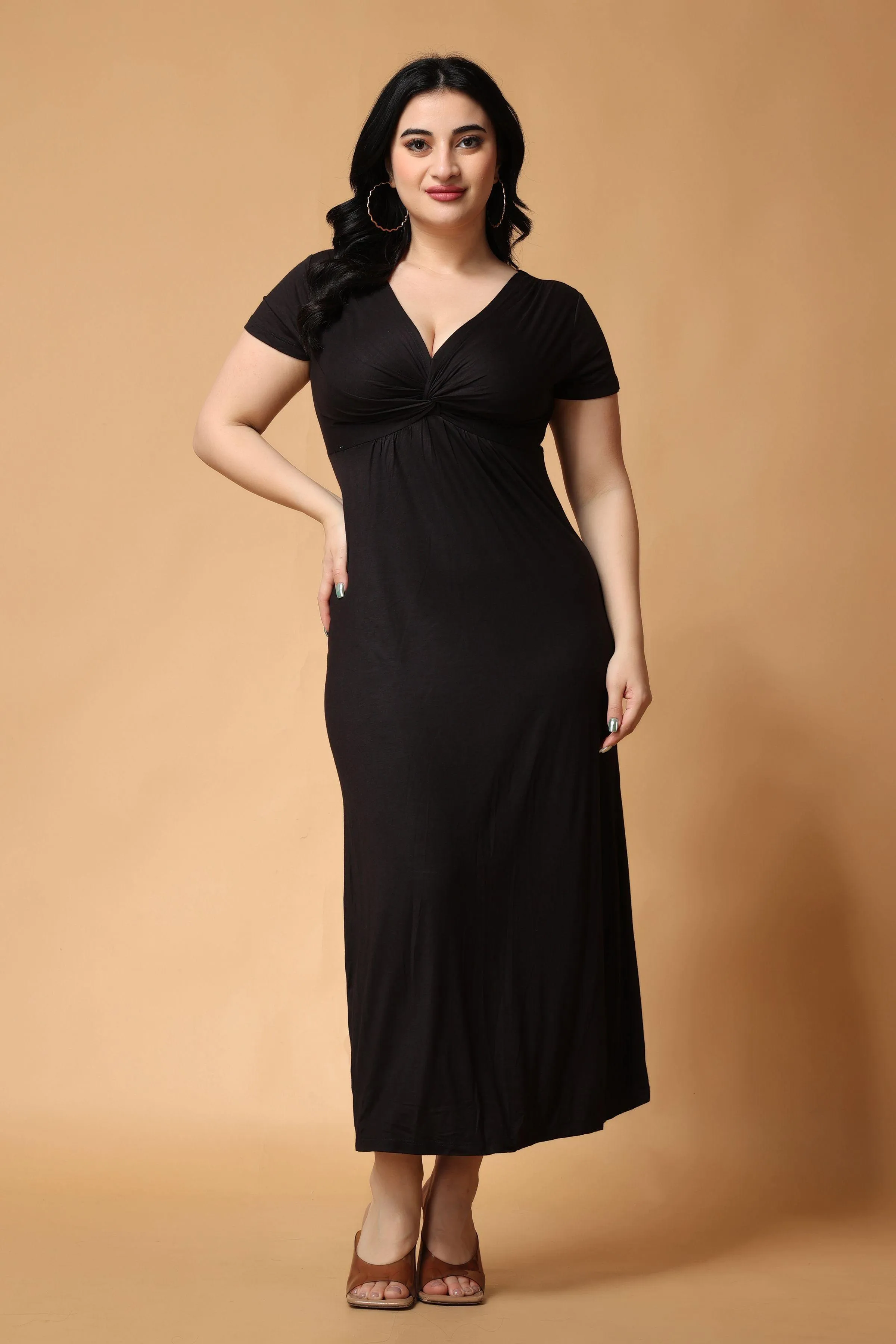 Black Solid Front Twist Maxi Dress