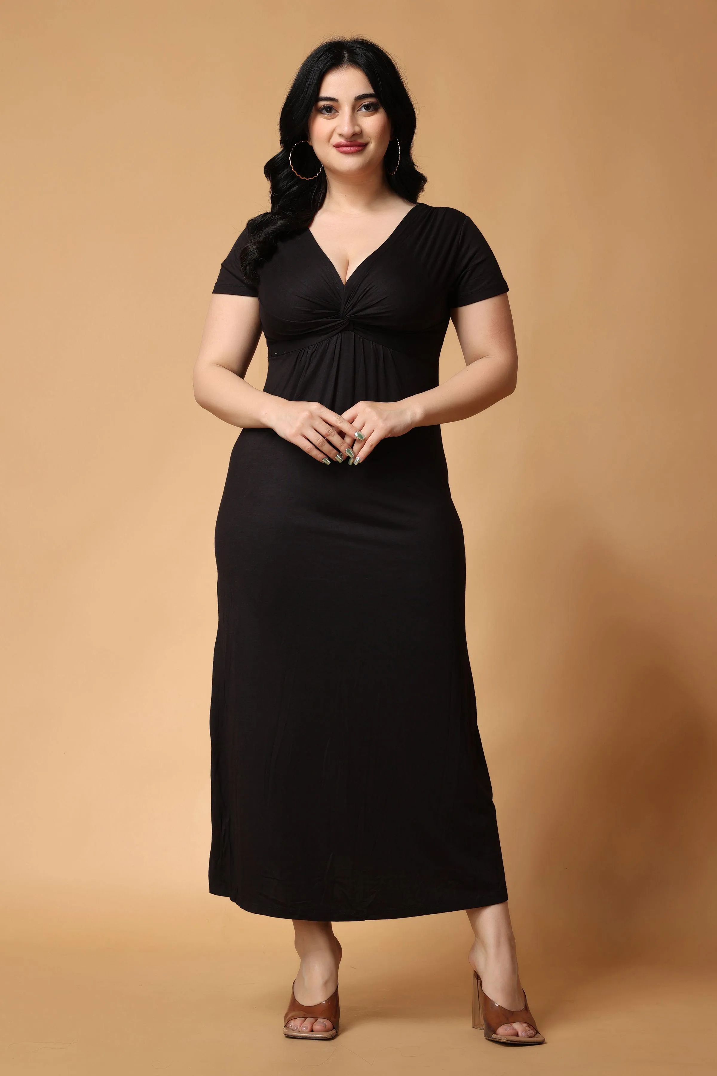 Black Solid Front Twist Maxi Dress