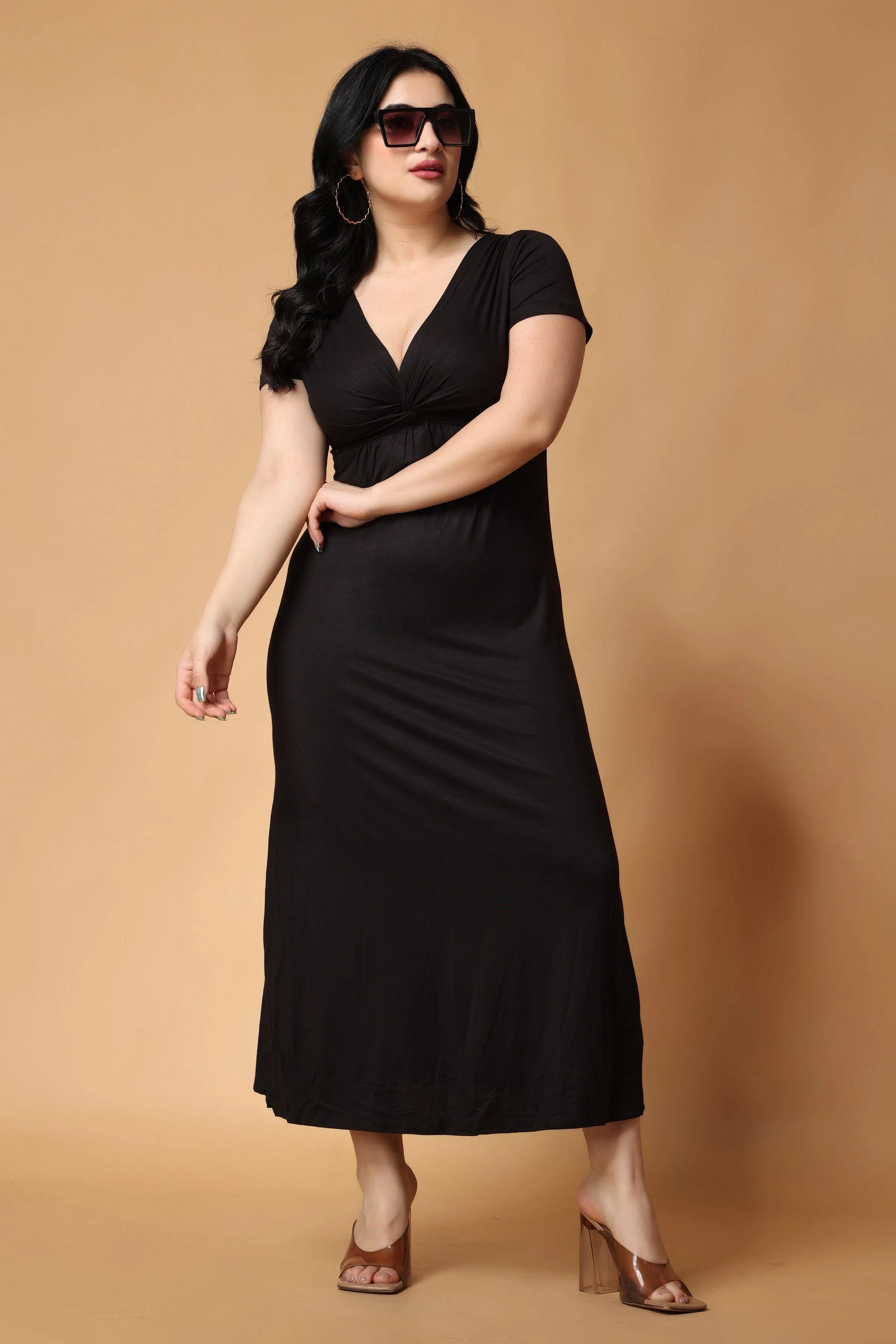 Black Solid Front Twist Maxi Dress