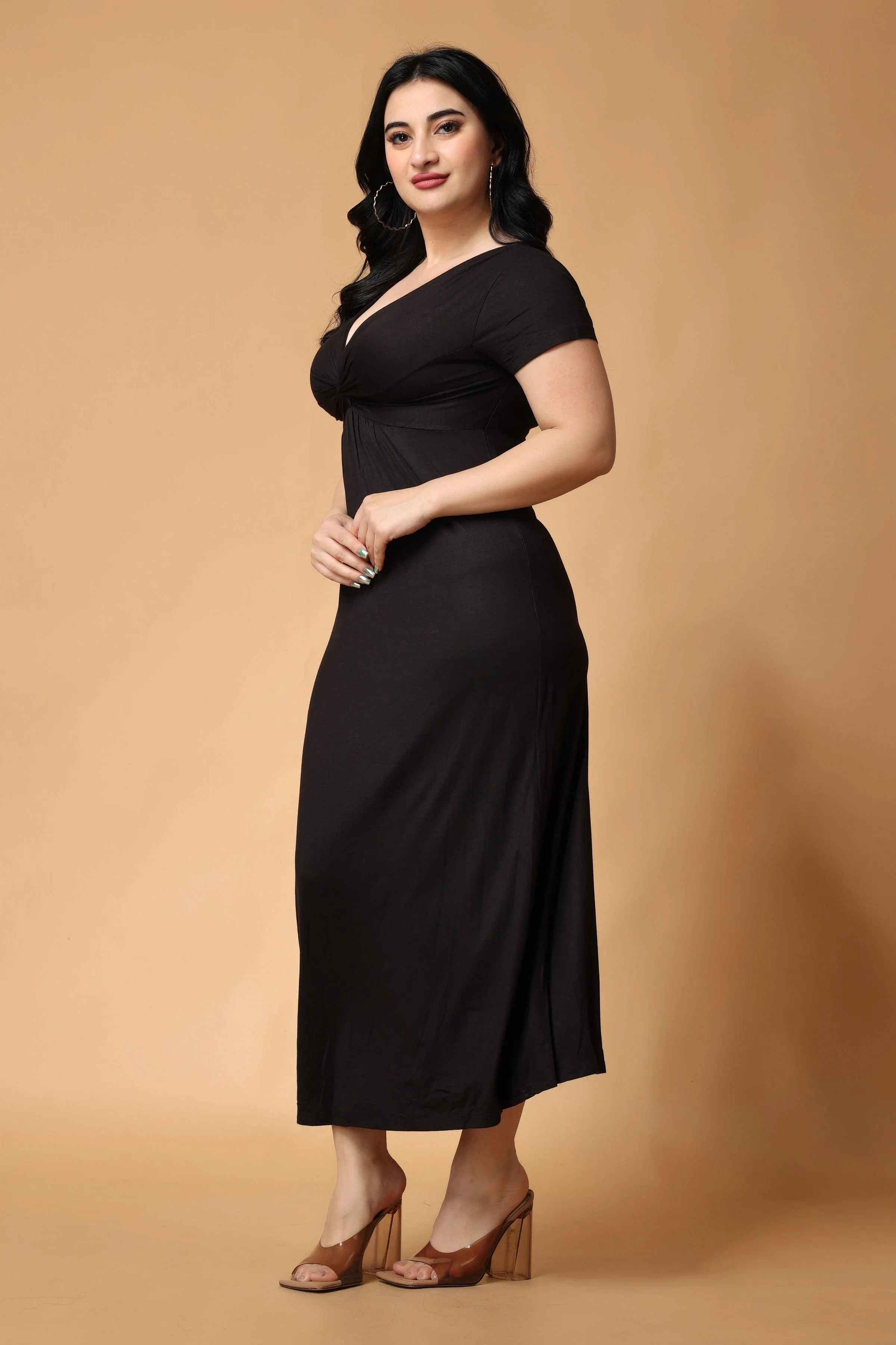 Black Solid Front Twist Maxi Dress