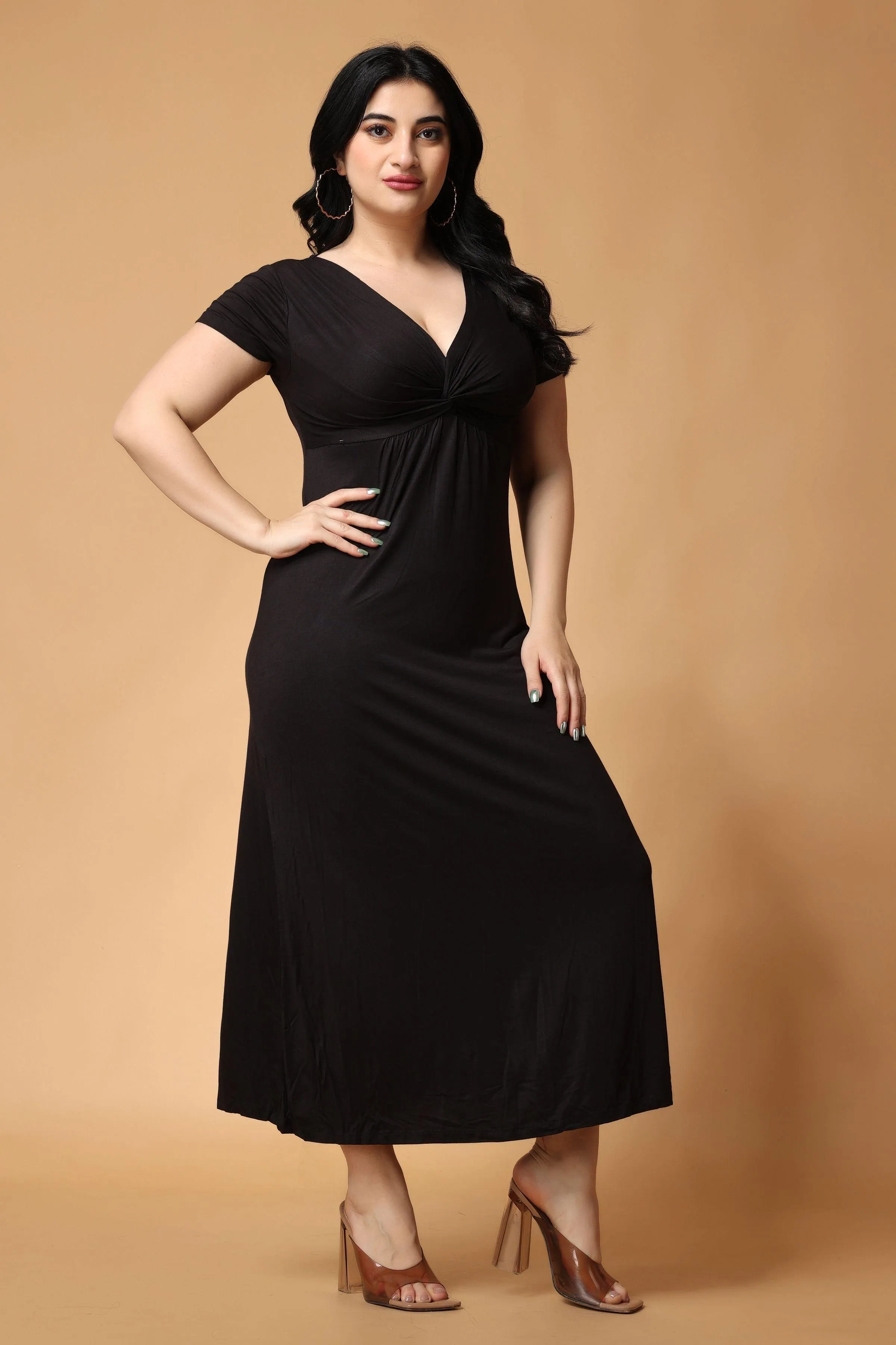 Black Solid Front Twist Maxi Dress