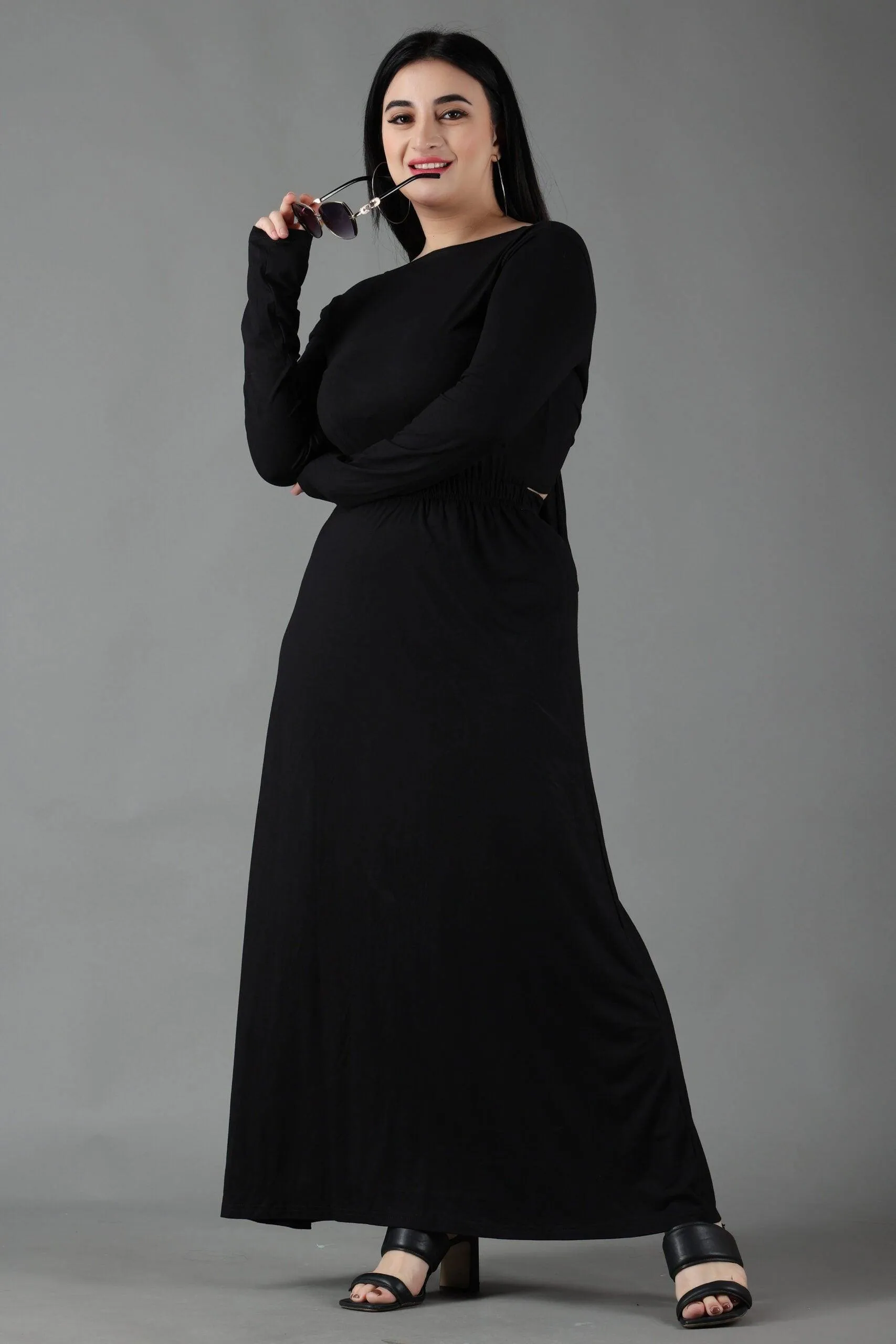 Black Solid Maxi Dress with Back Tie