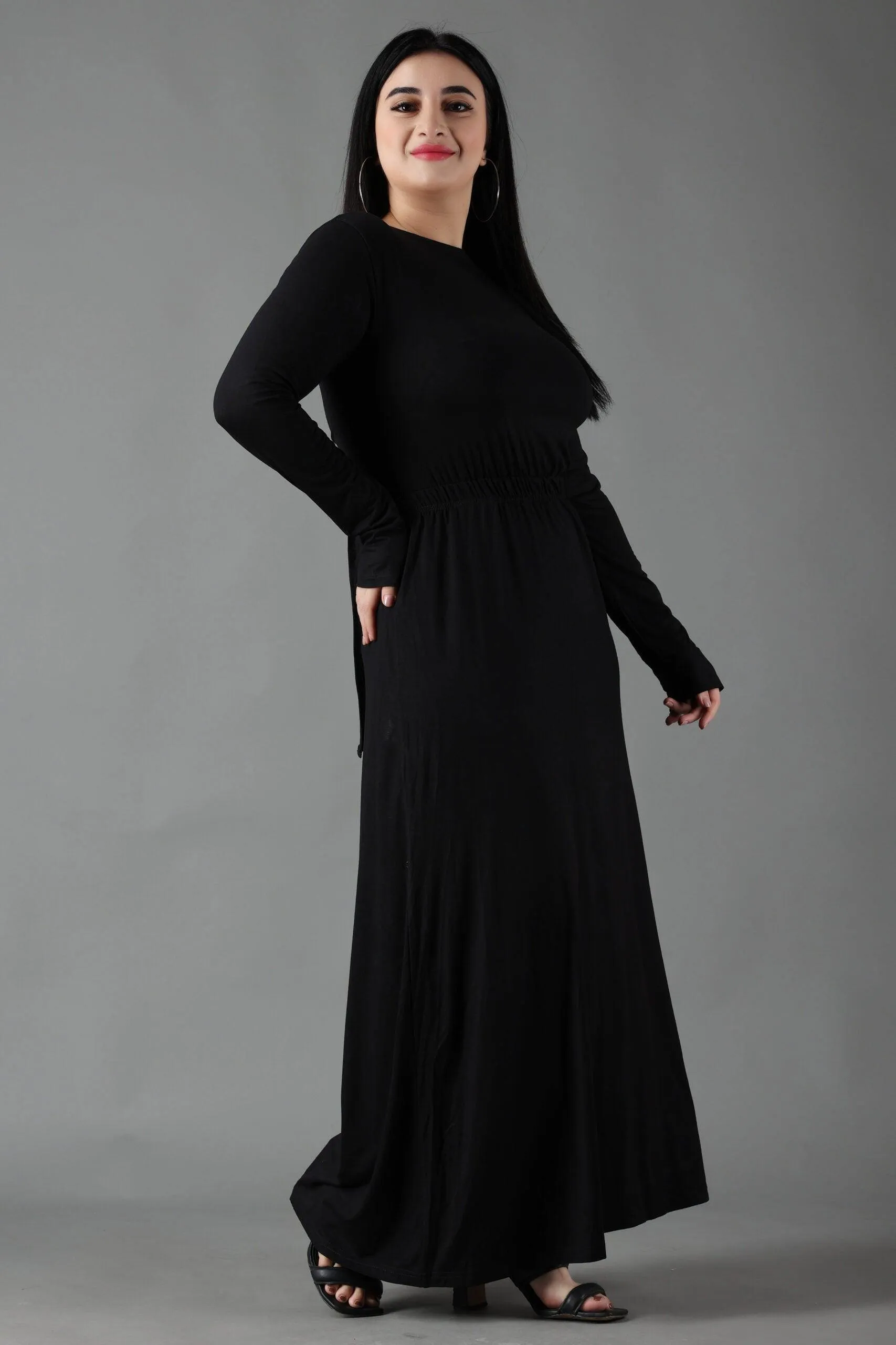 Black Solid Maxi Dress with Back Tie