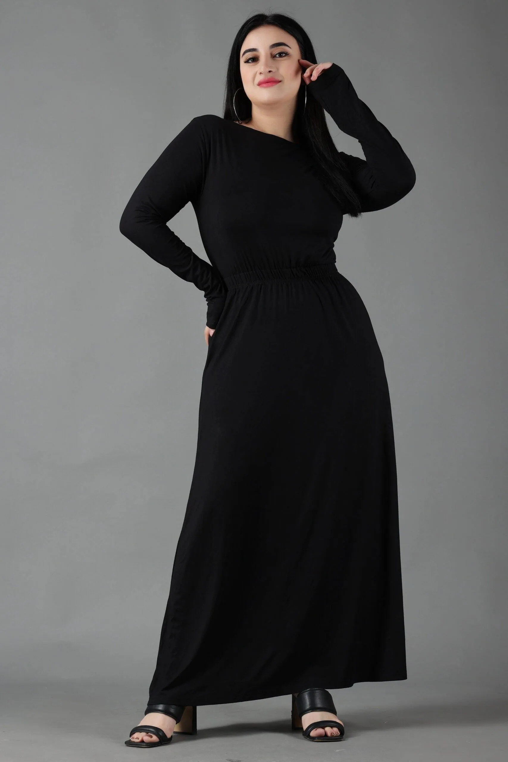 Black Solid Maxi Dress with Back Tie