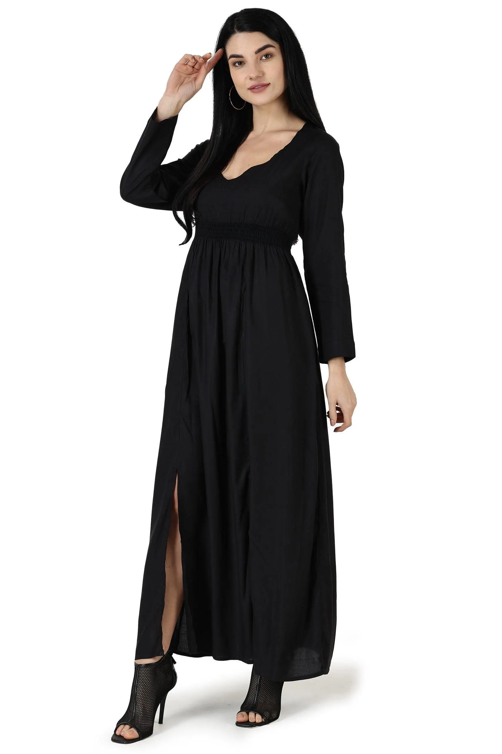 Black Solid Maxi Dress with Front Slits