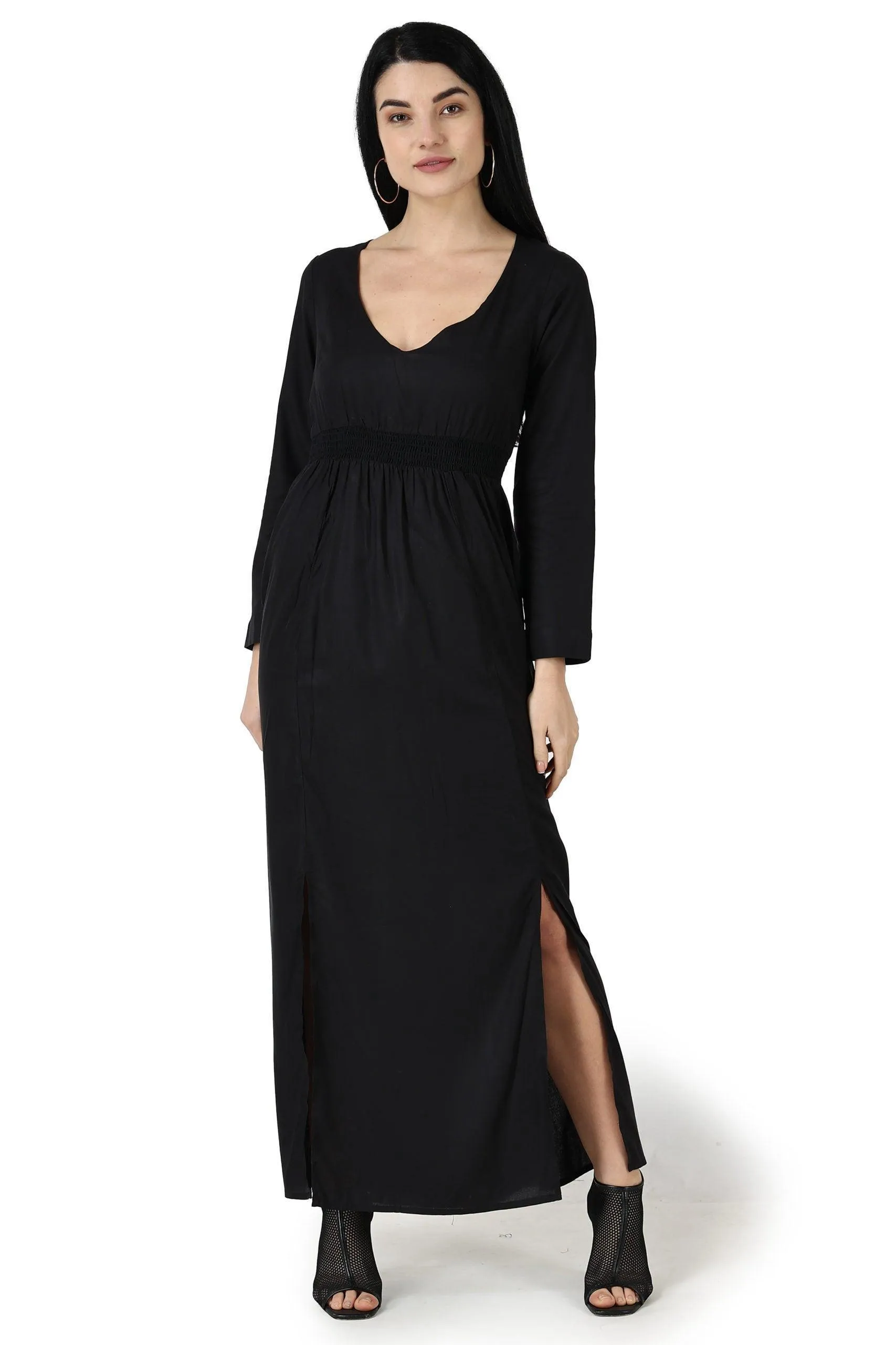 Black Solid Maxi Dress with Front Slits