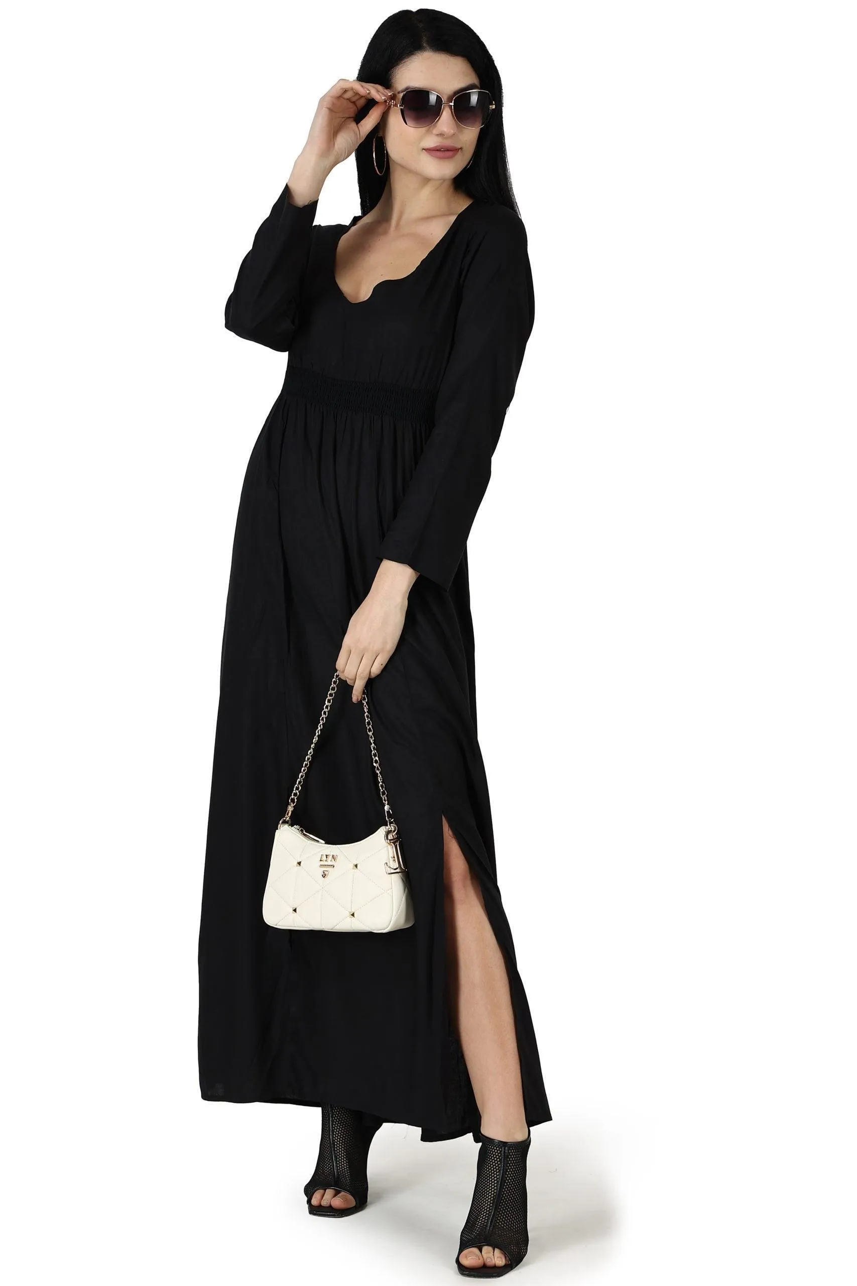 Black Solid Maxi Dress with Front Slits