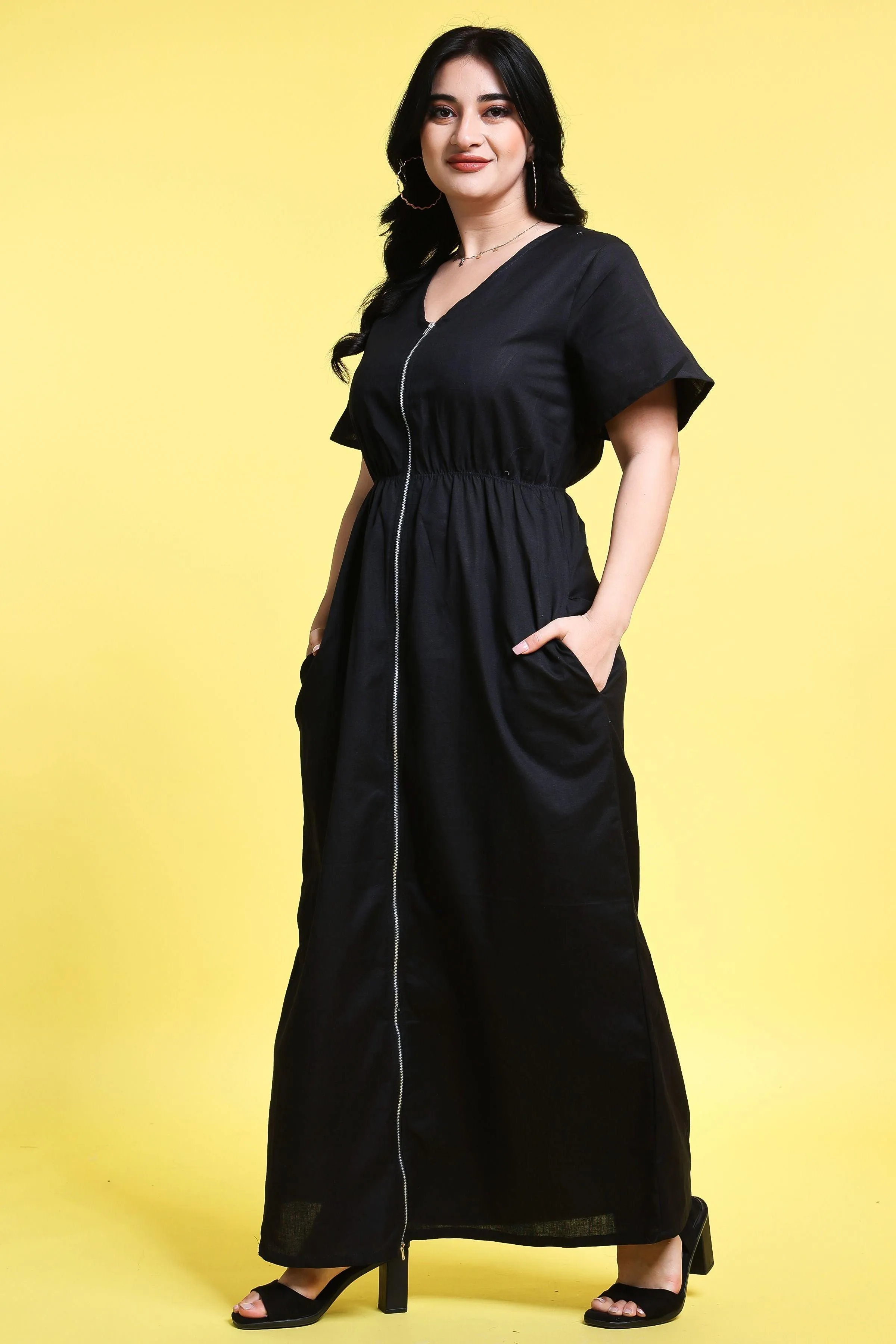 Black Solid Maxi Dress with Front Zip