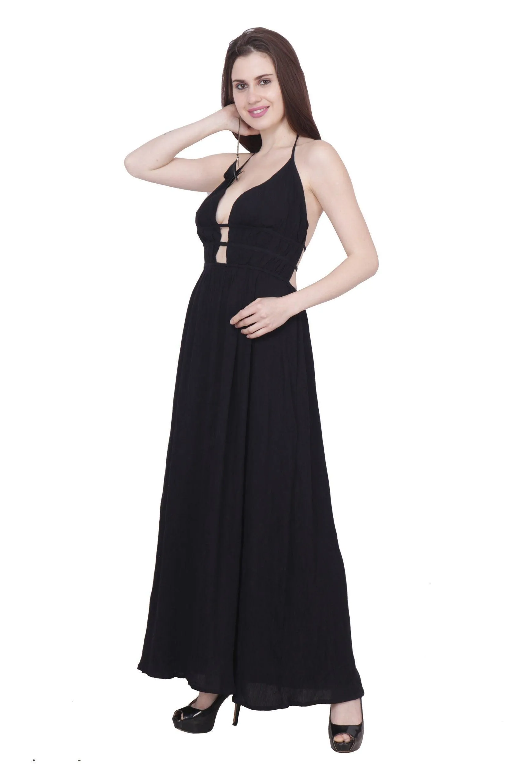 Black Solid Maxi Dress with Plunge Neck and Back Tie