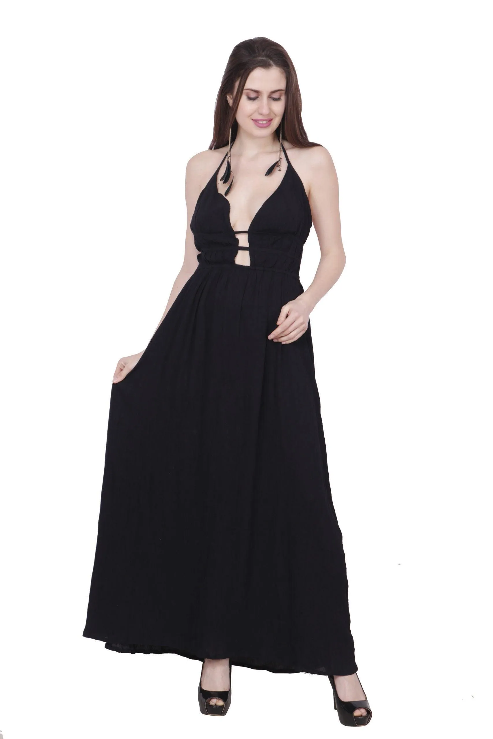 Black Solid Maxi Dress with Plunge Neck and Back Tie