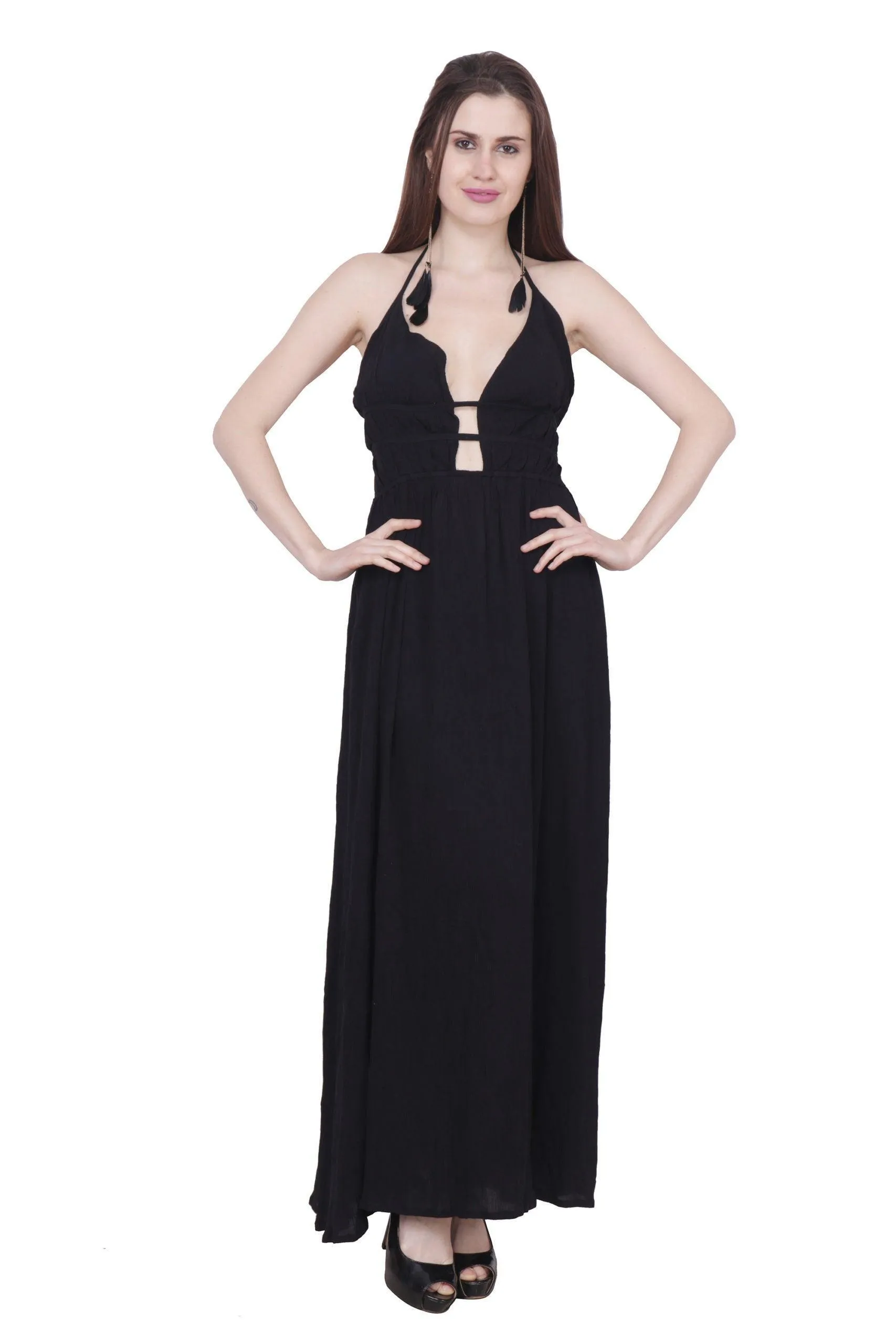 Black Solid Maxi Dress with Plunge Neck and Back Tie