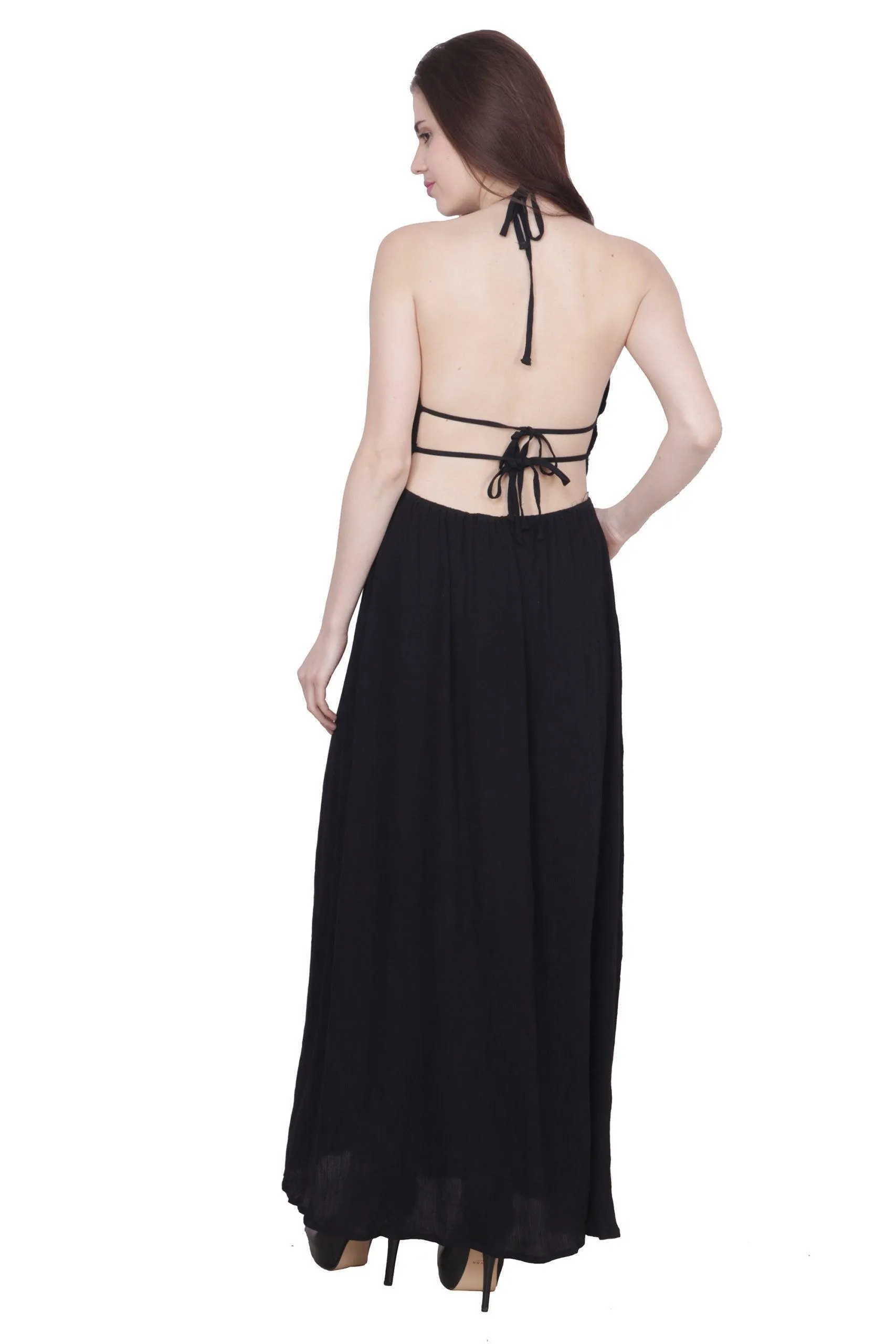 Black Solid Maxi Dress with Plunge Neck and Back Tie