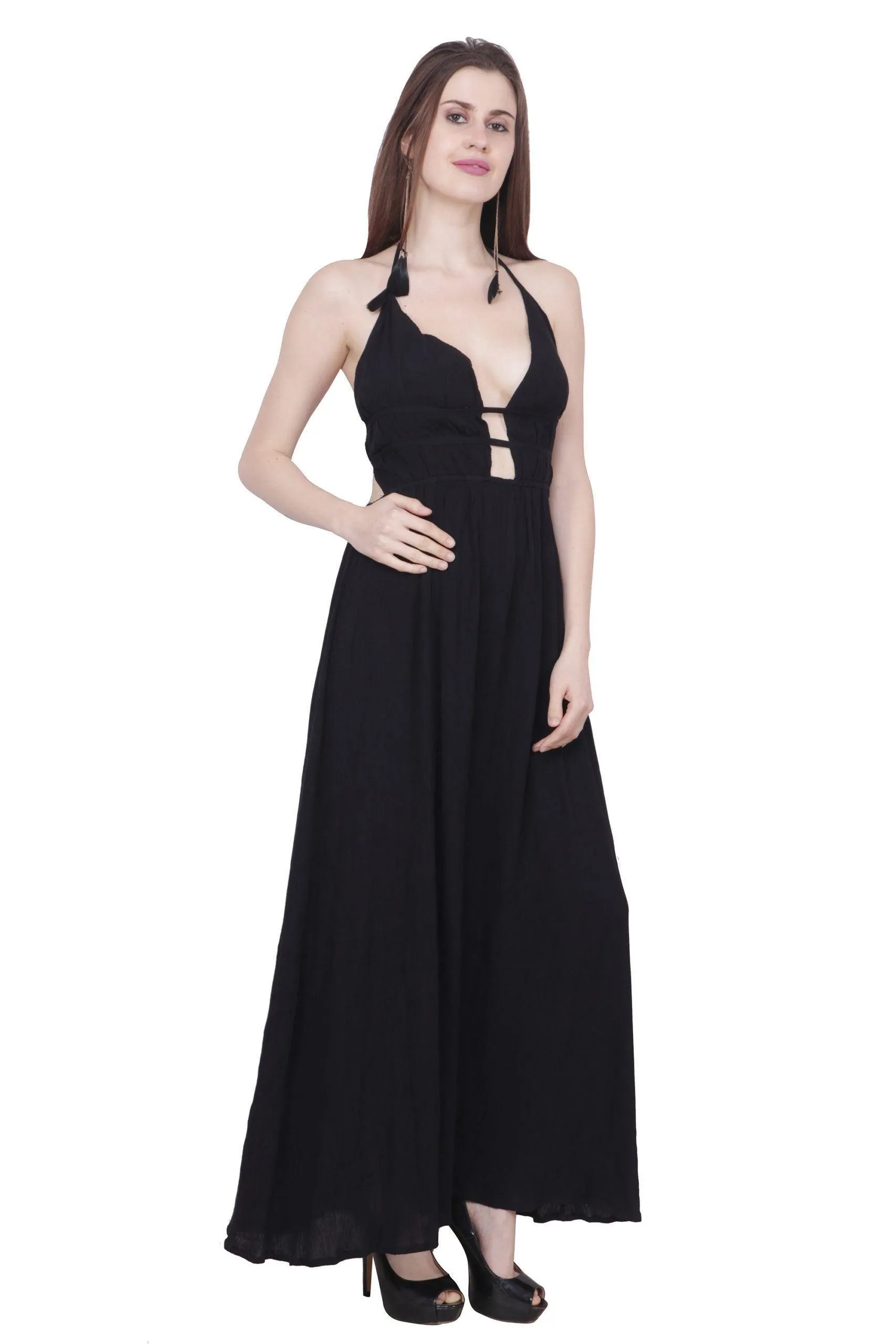 Black Solid Maxi Dress with Plunge Neck and Back Tie