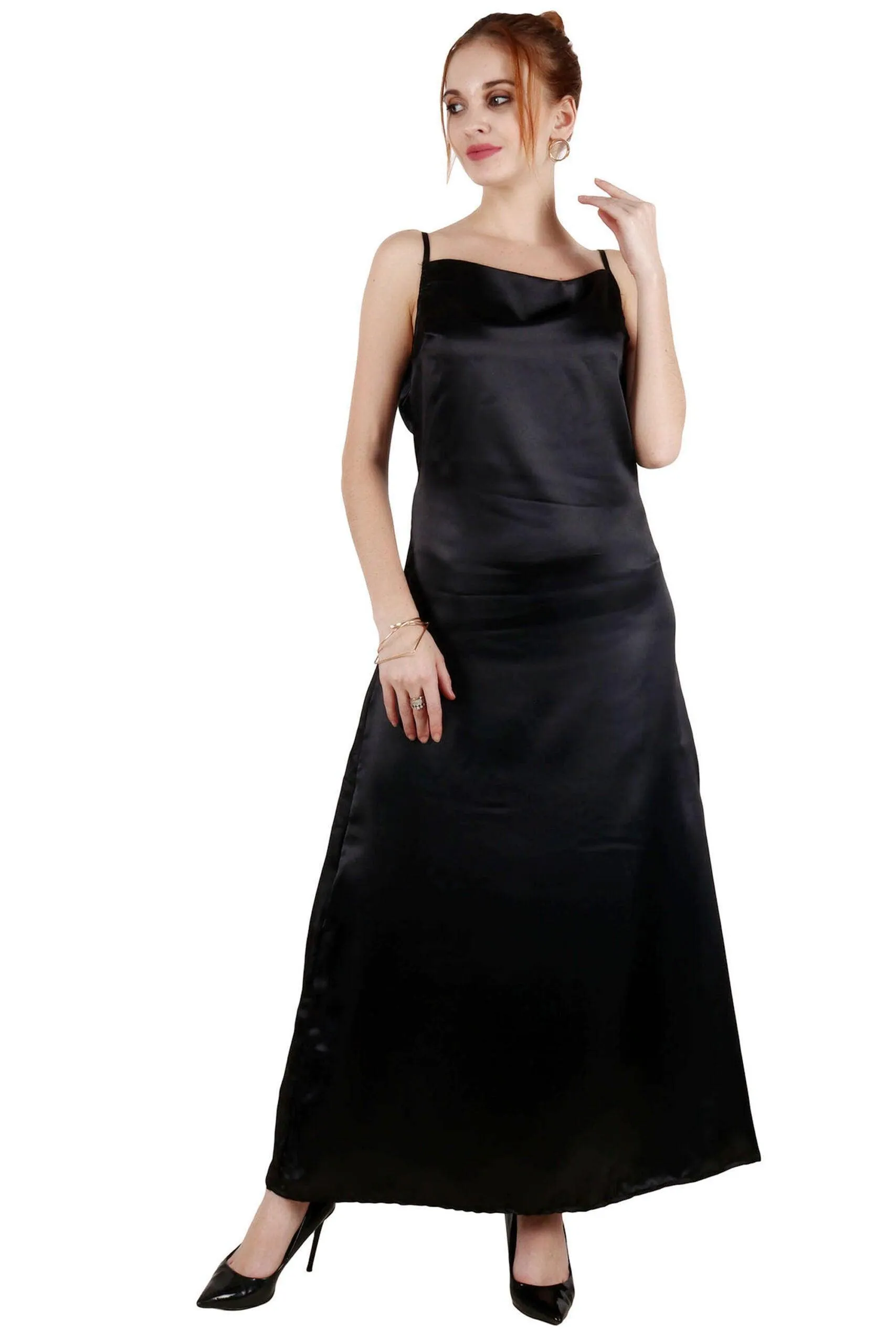 Black Solid Satin Maxi Dress