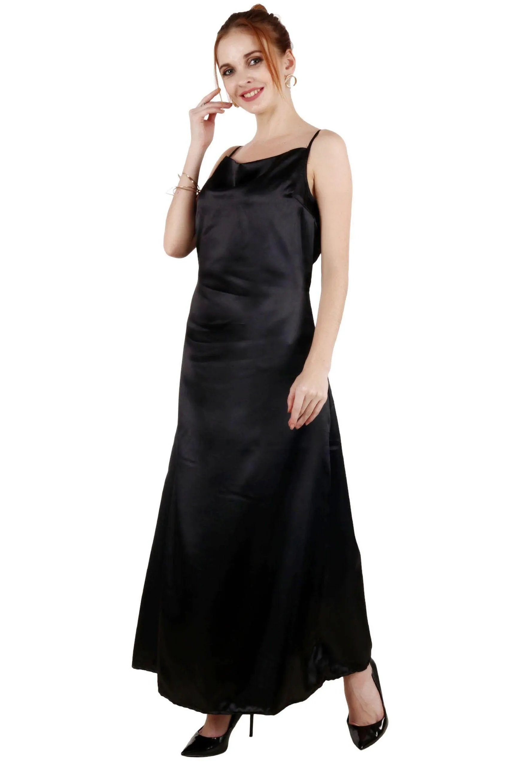 Black Solid Satin Maxi Dress