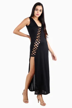 Black Solid Side Slit Maxi Dress with Diagonal Criss Cross Cutout