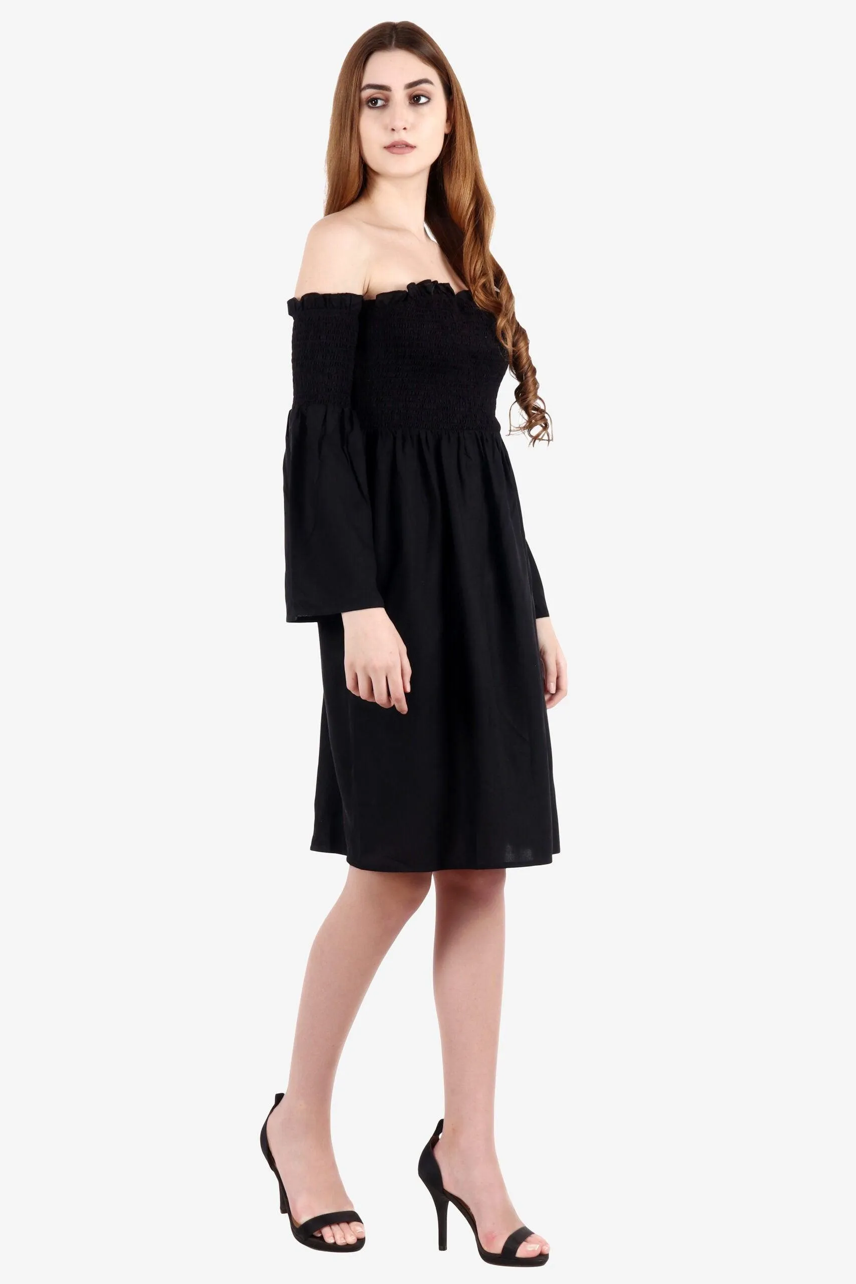 Black Solid Smocking Dress