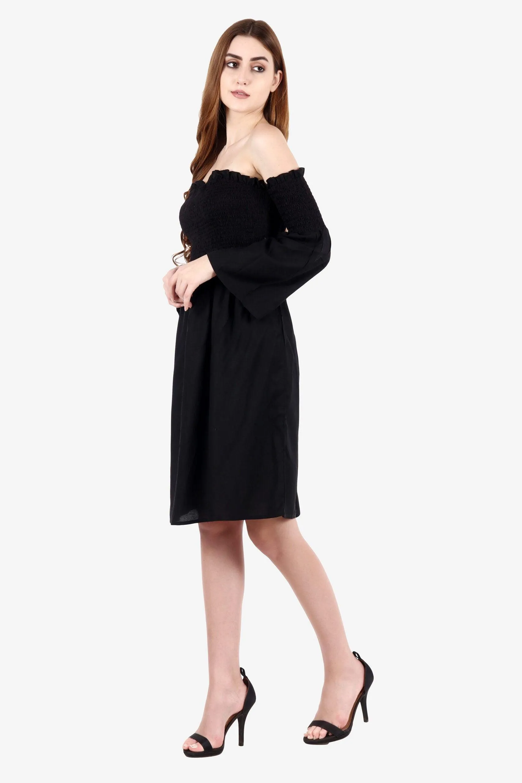 Black Solid Smocking Dress