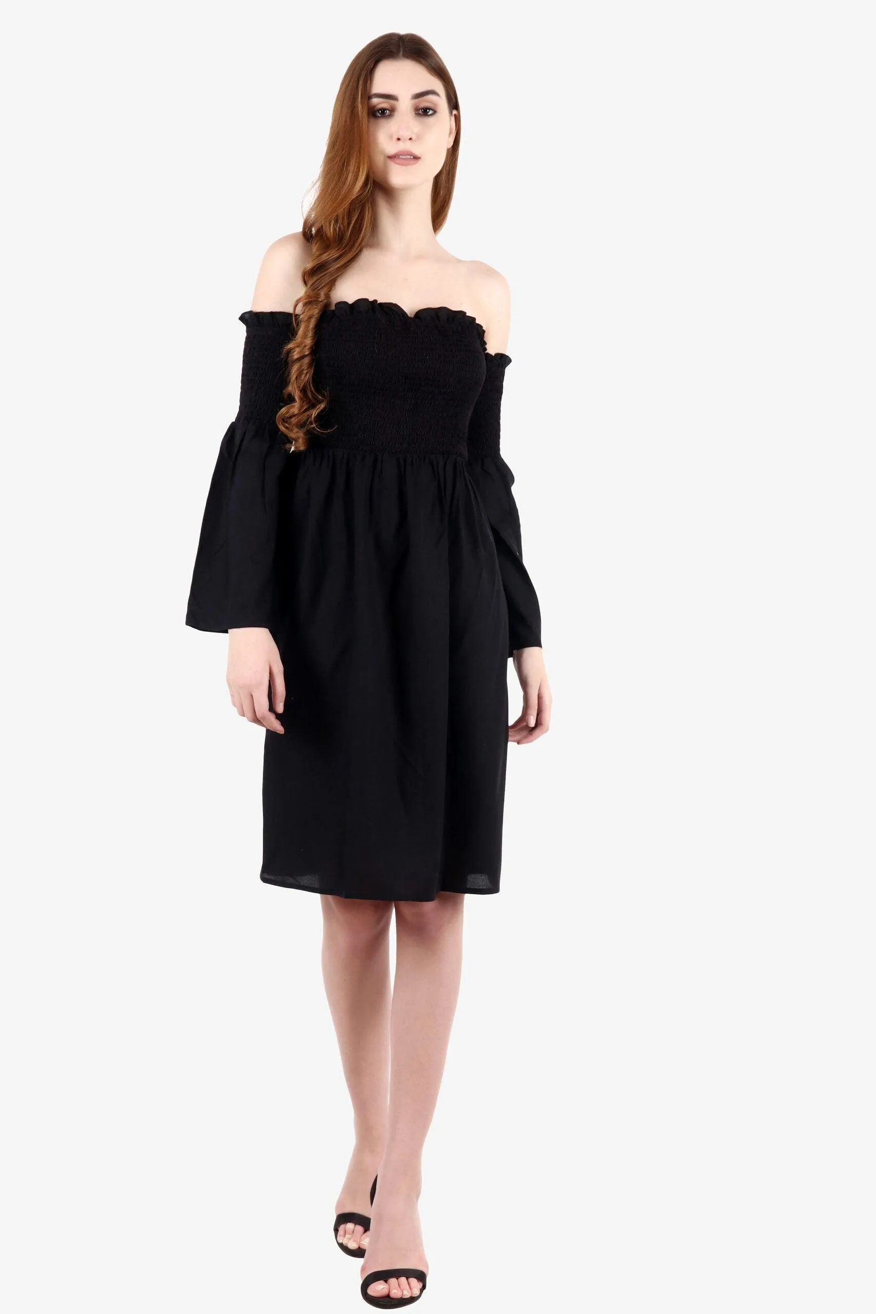 Black Solid Smocking Dress