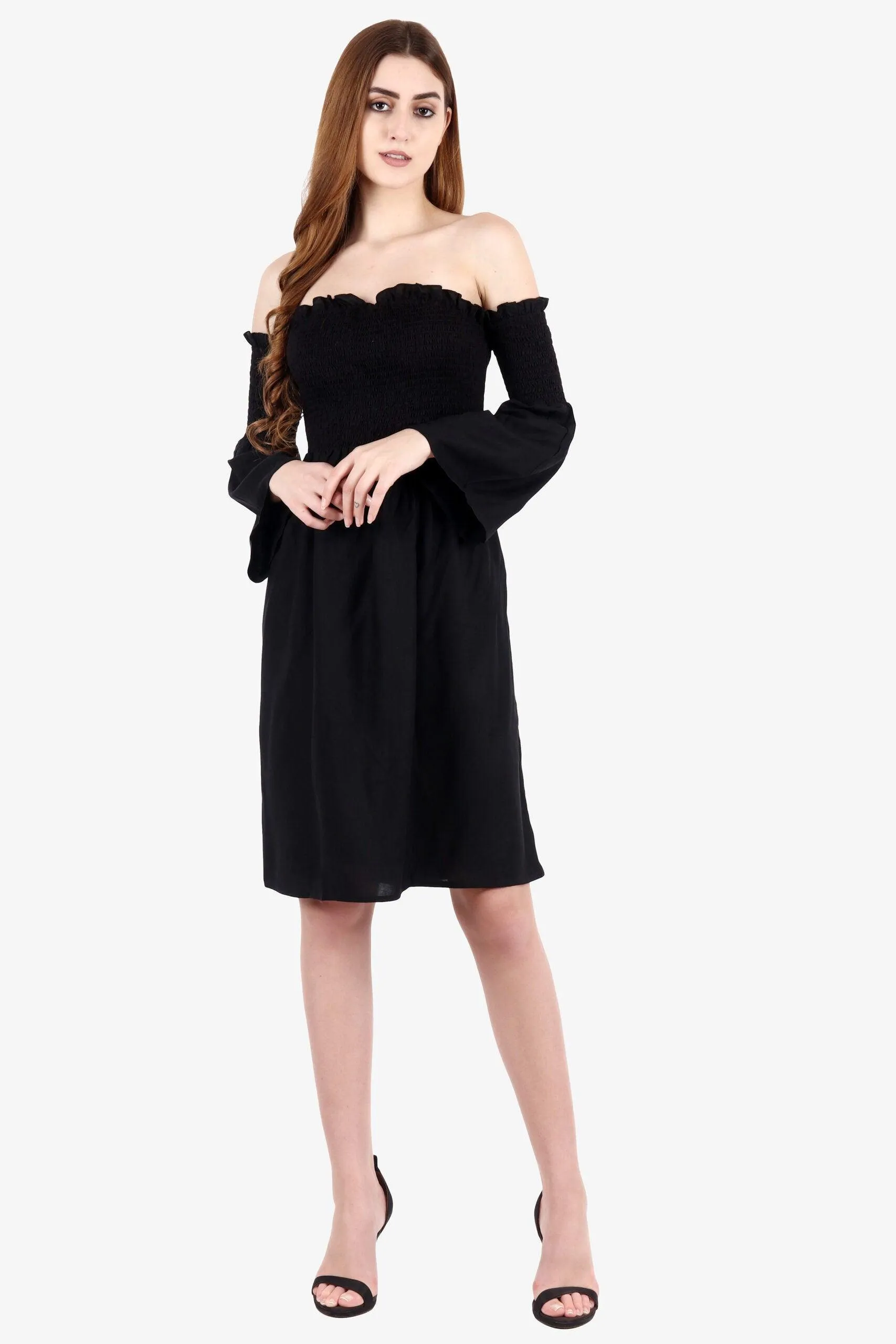 Black Solid Smocking Dress