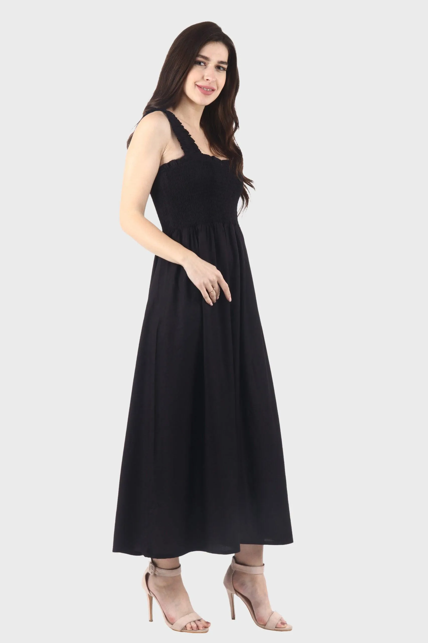 Black Solid Smocking Maxi Dress