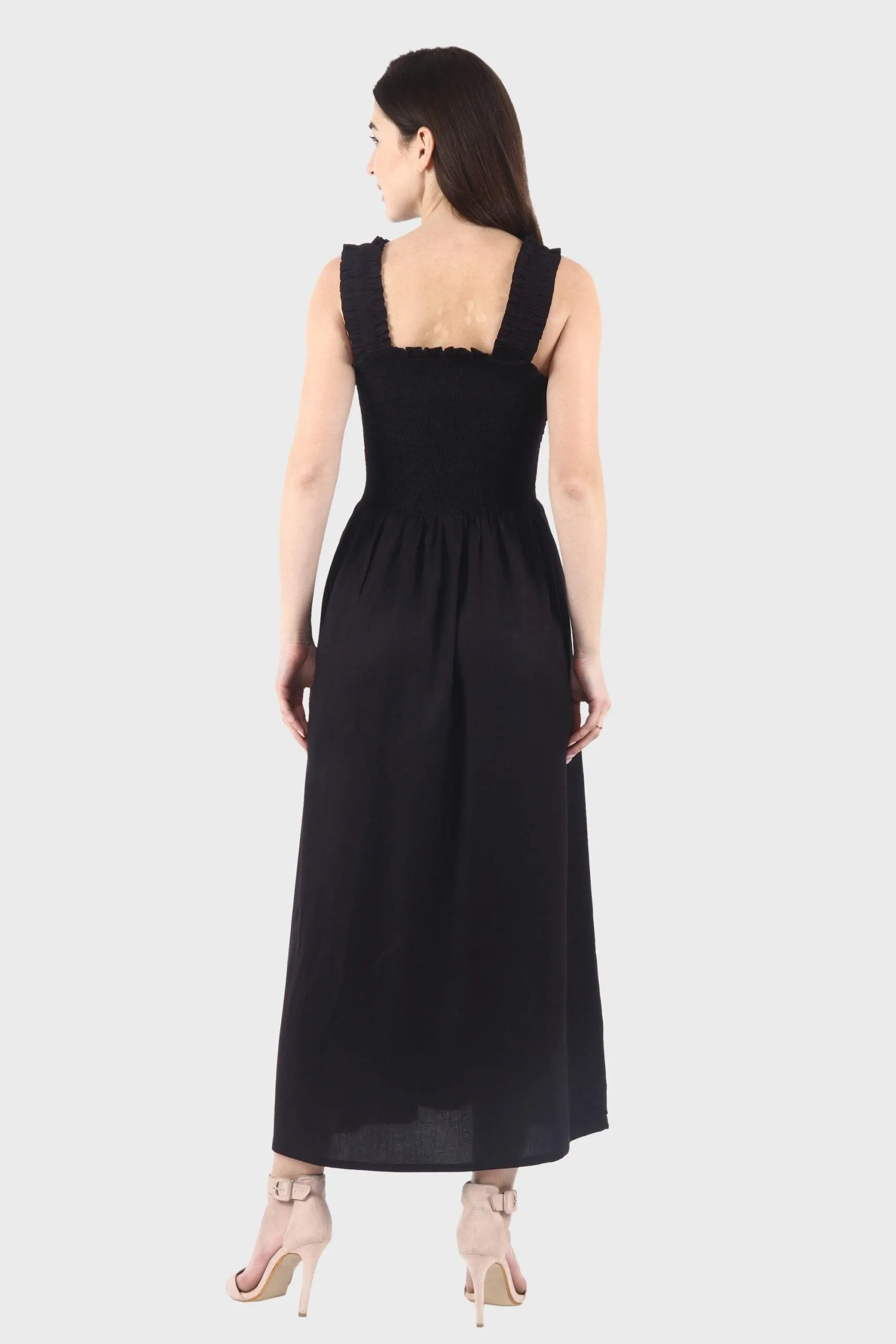 Black Solid Smocking Maxi Dress