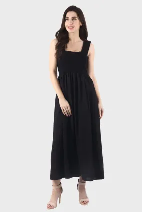 Black Solid Smocking Maxi Dress