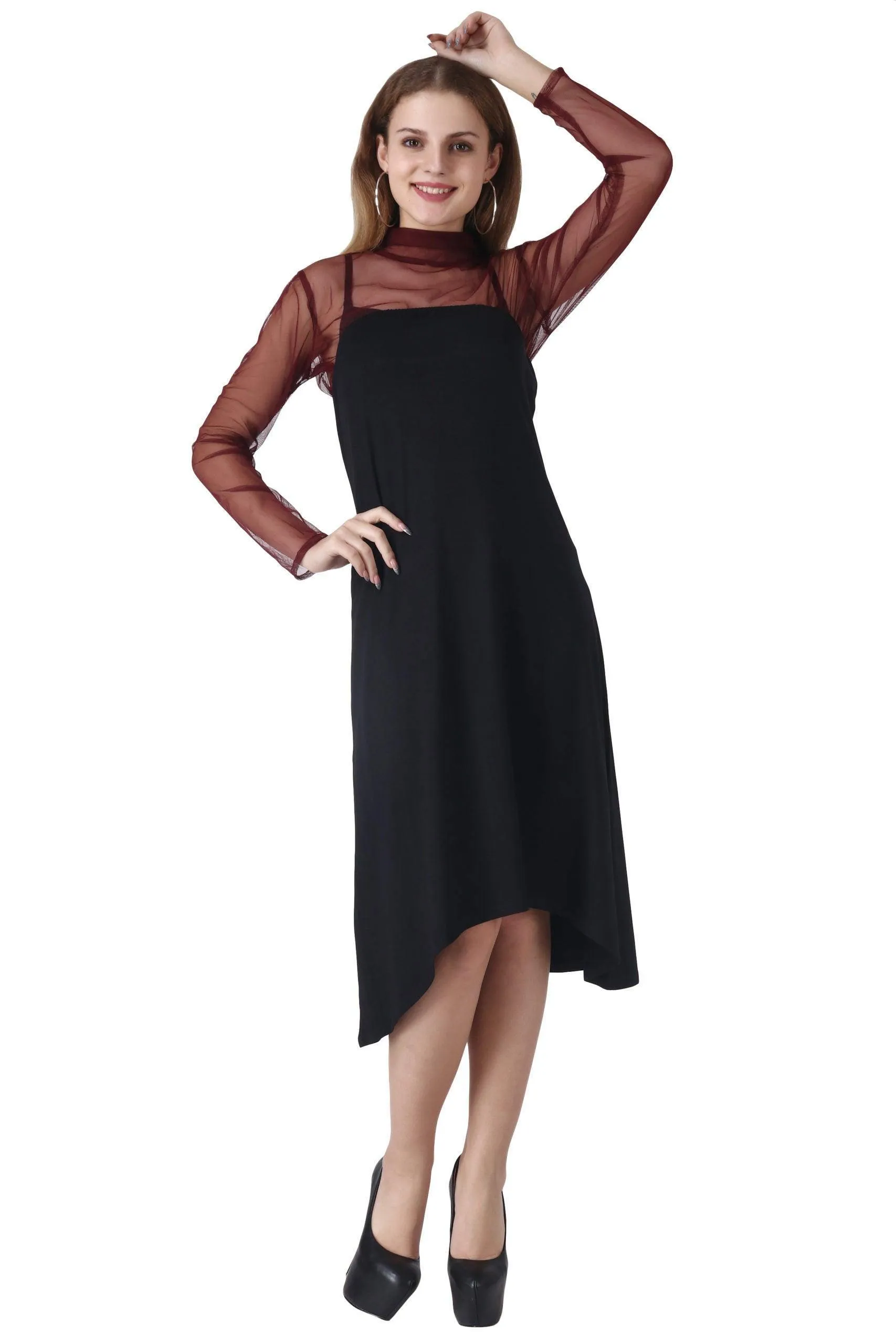 Black Solid Tube Dress with Maroon Shrug Lining