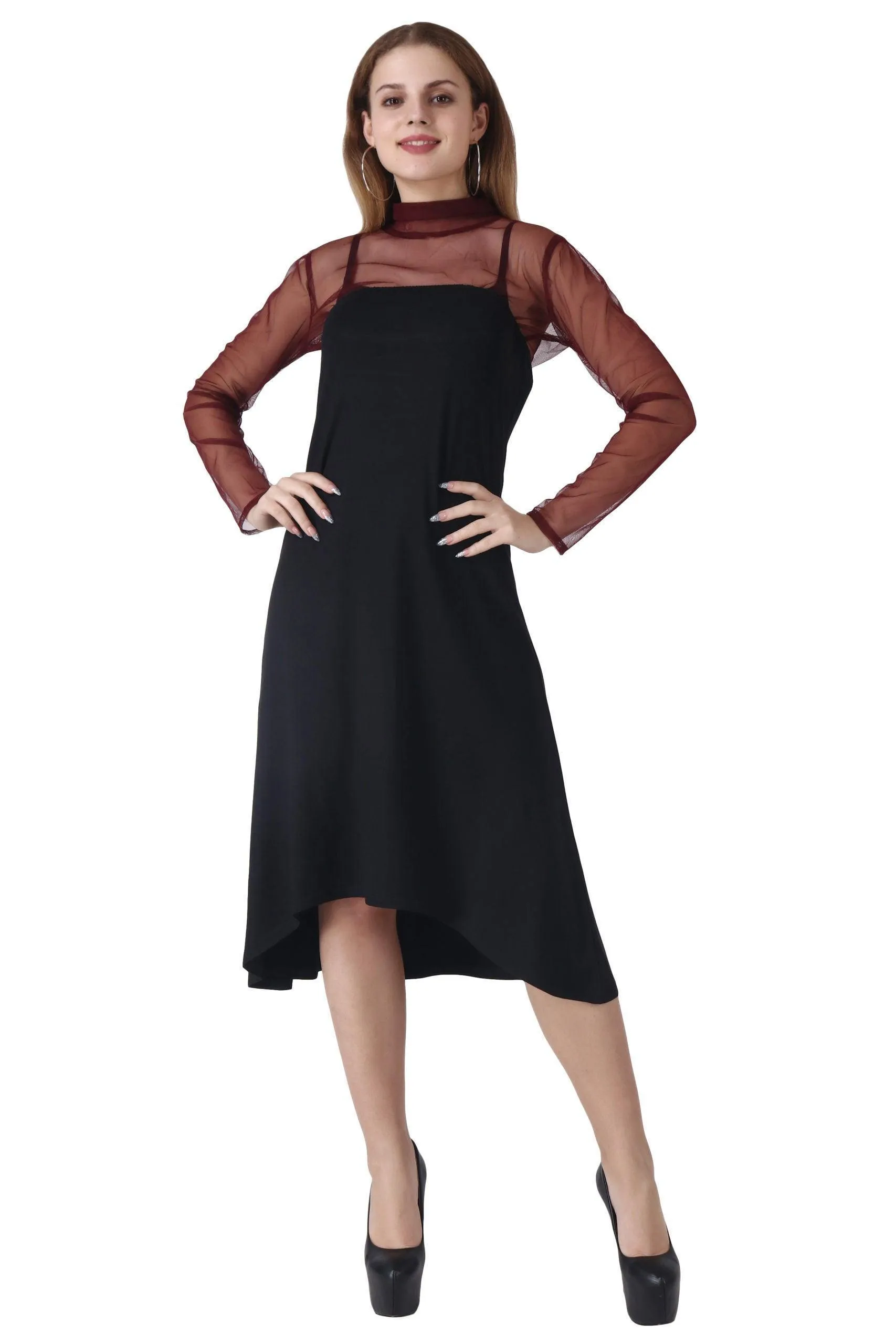 Black Solid Tube Dress with Maroon Shrug Lining