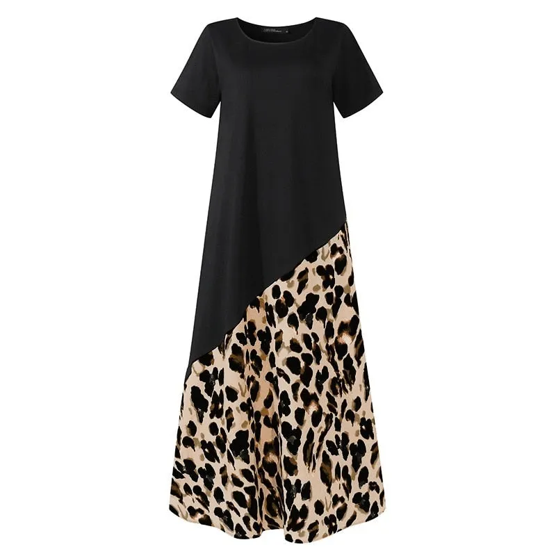 Block Color Leopard Loose Maxi Dress