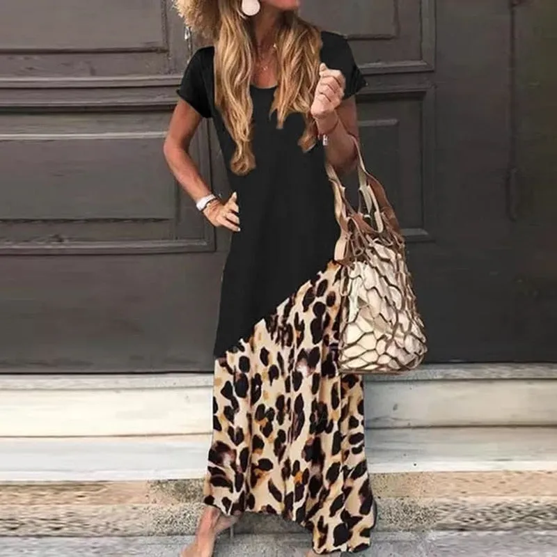 Block Color Leopard Loose Maxi Dress