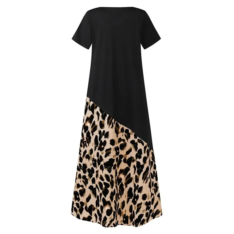 Block Color Leopard Loose Maxi Dress