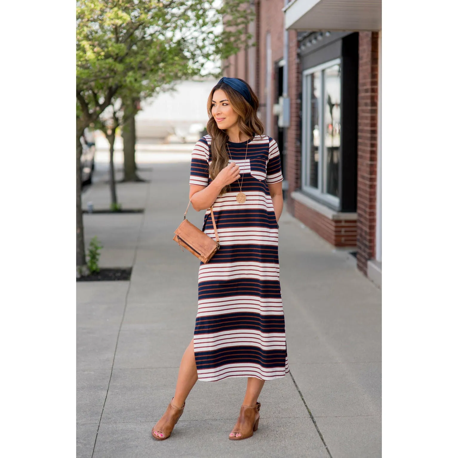 Blocked Stripe Pocket Midi Dress