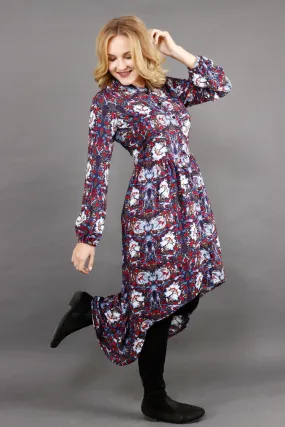 Blue Floral Printed Buttoned Dress