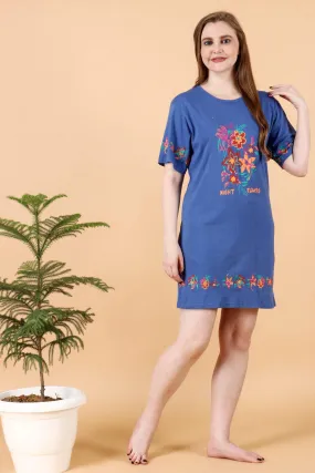 Blue Floral Printed Night Dress