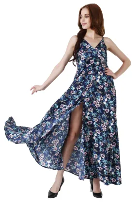 Blue Floral Printed Slit Maxi Dress