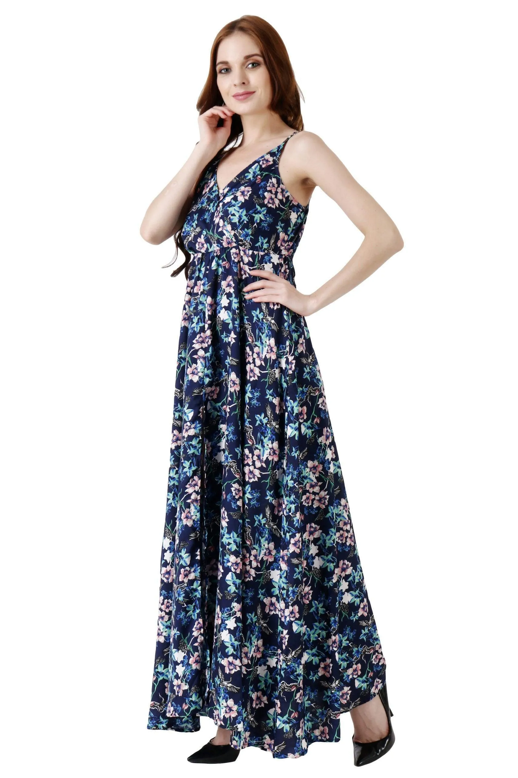 Blue Floral Printed Slit Maxi Dress