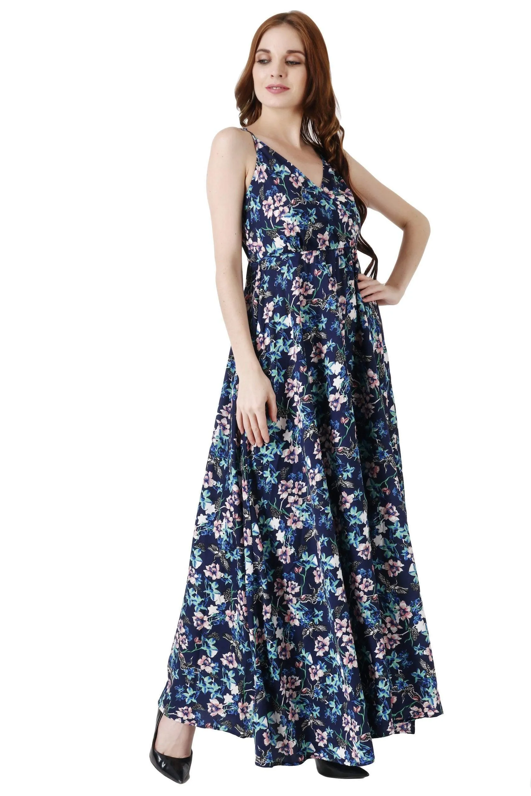 Blue Floral Printed Slit Maxi Dress