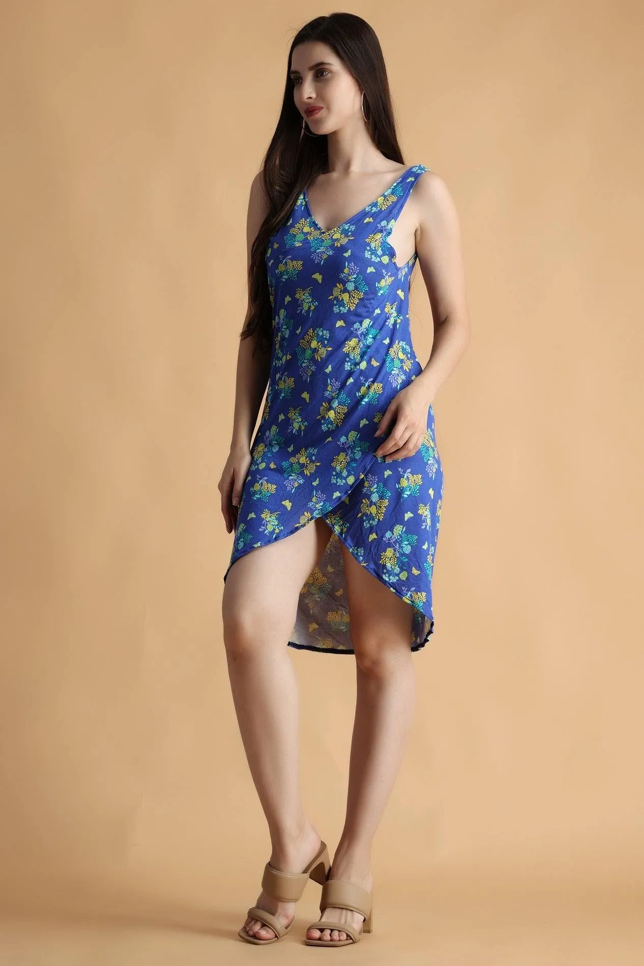 Blue Floral Printed Wrap Around Cover Up Dress