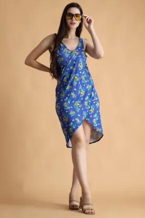 Blue Floral Printed Wrap Around Cover Up Dress