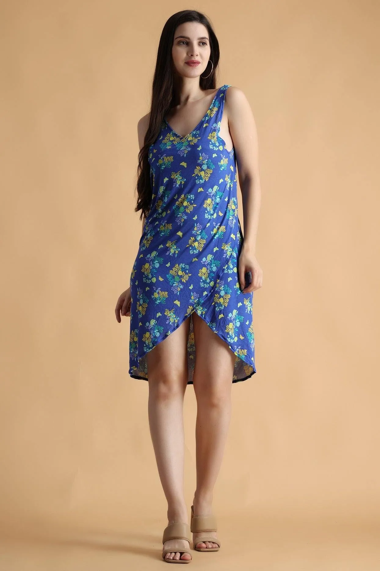 Blue Floral Printed Wrap Around Cover Up Dress