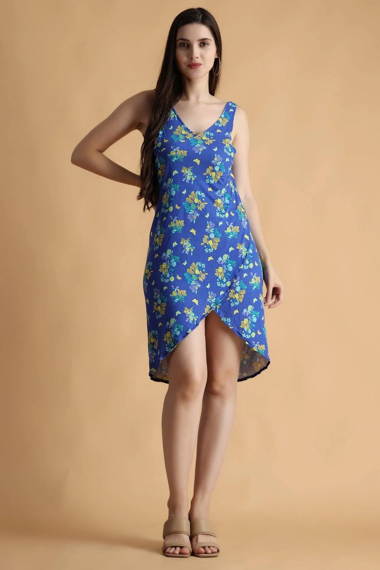 Blue Floral Printed Wrap Around Cover Up Dress